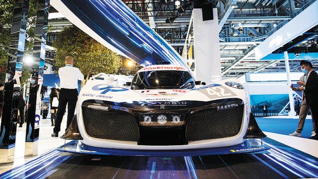 <p>A hydrogen-powered race car is displayed during the fourth China International Import Expo in Shanghai in November 2021</p>