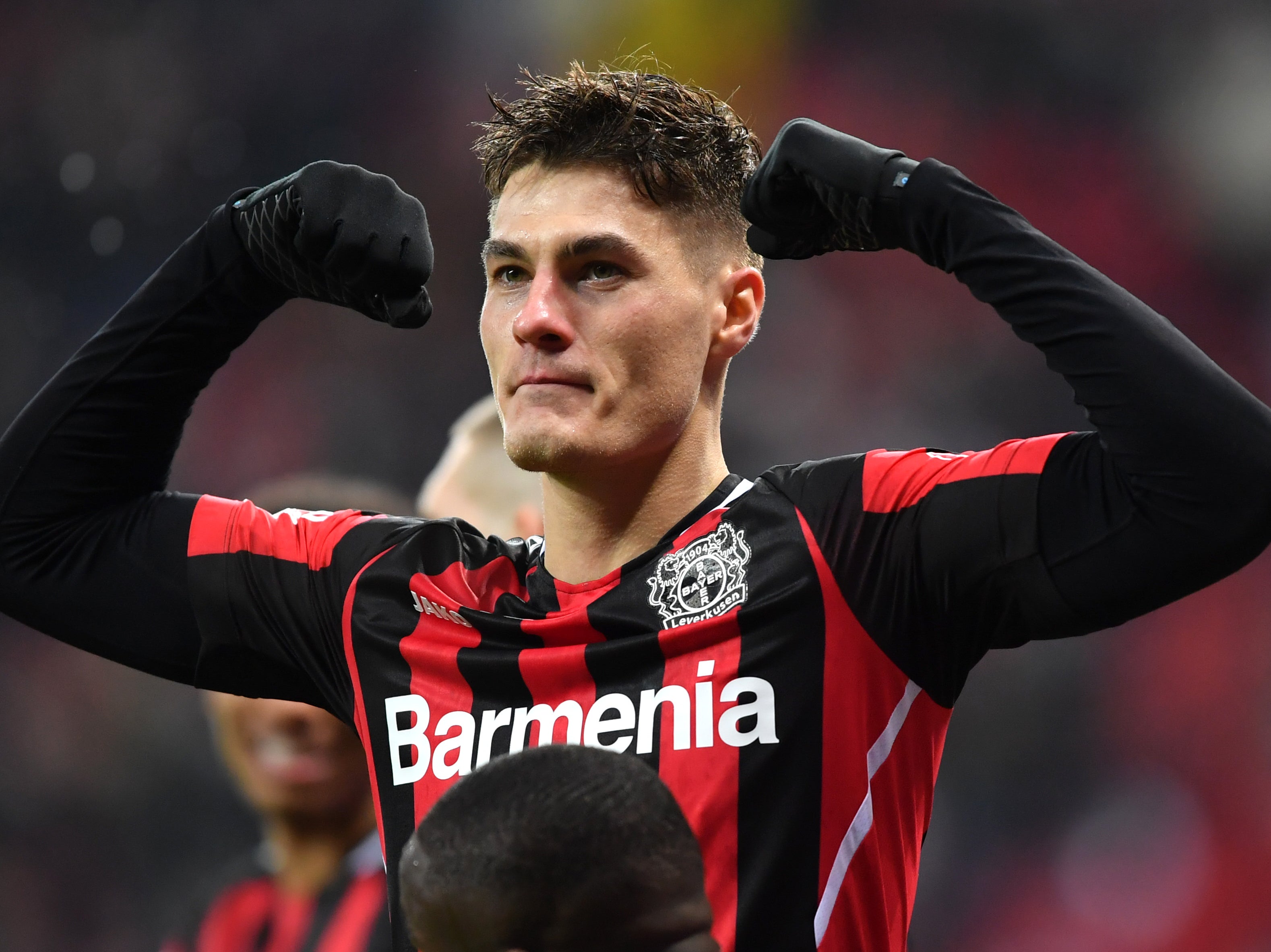 Patrik Schick celebrates scoring for Bayer Leverkusen