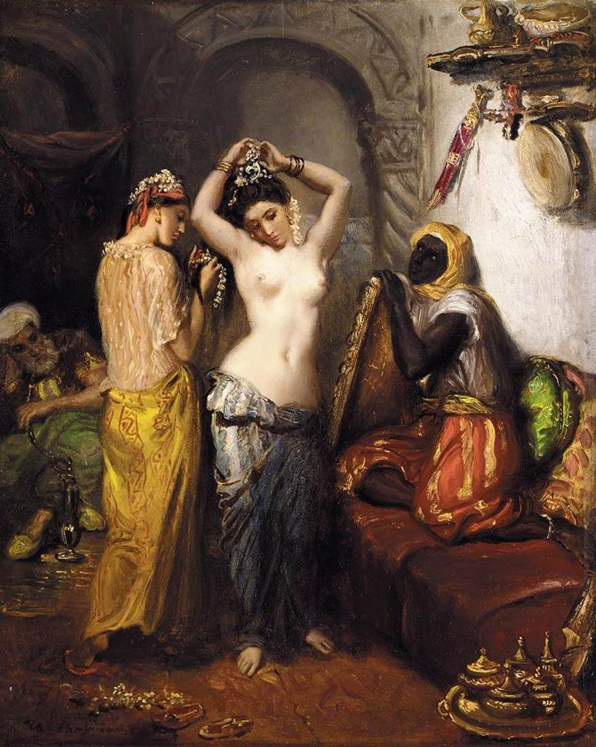 Paintings such as Théodore Chassériau’s Harem capture the western fantasy of the harem as an erotic place