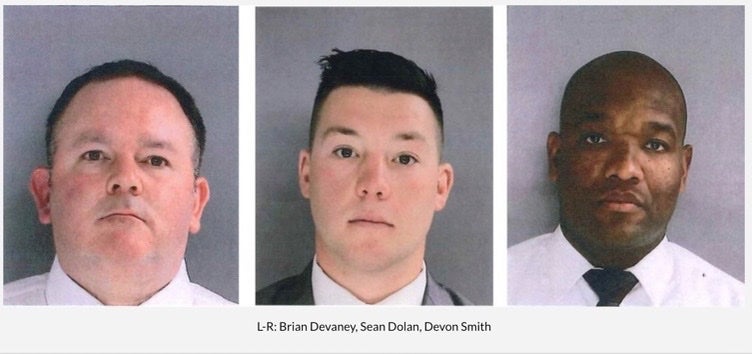 Officers Brian Devaney, Sean Dolan and Devon Smith are pictured left to right in their mugshots