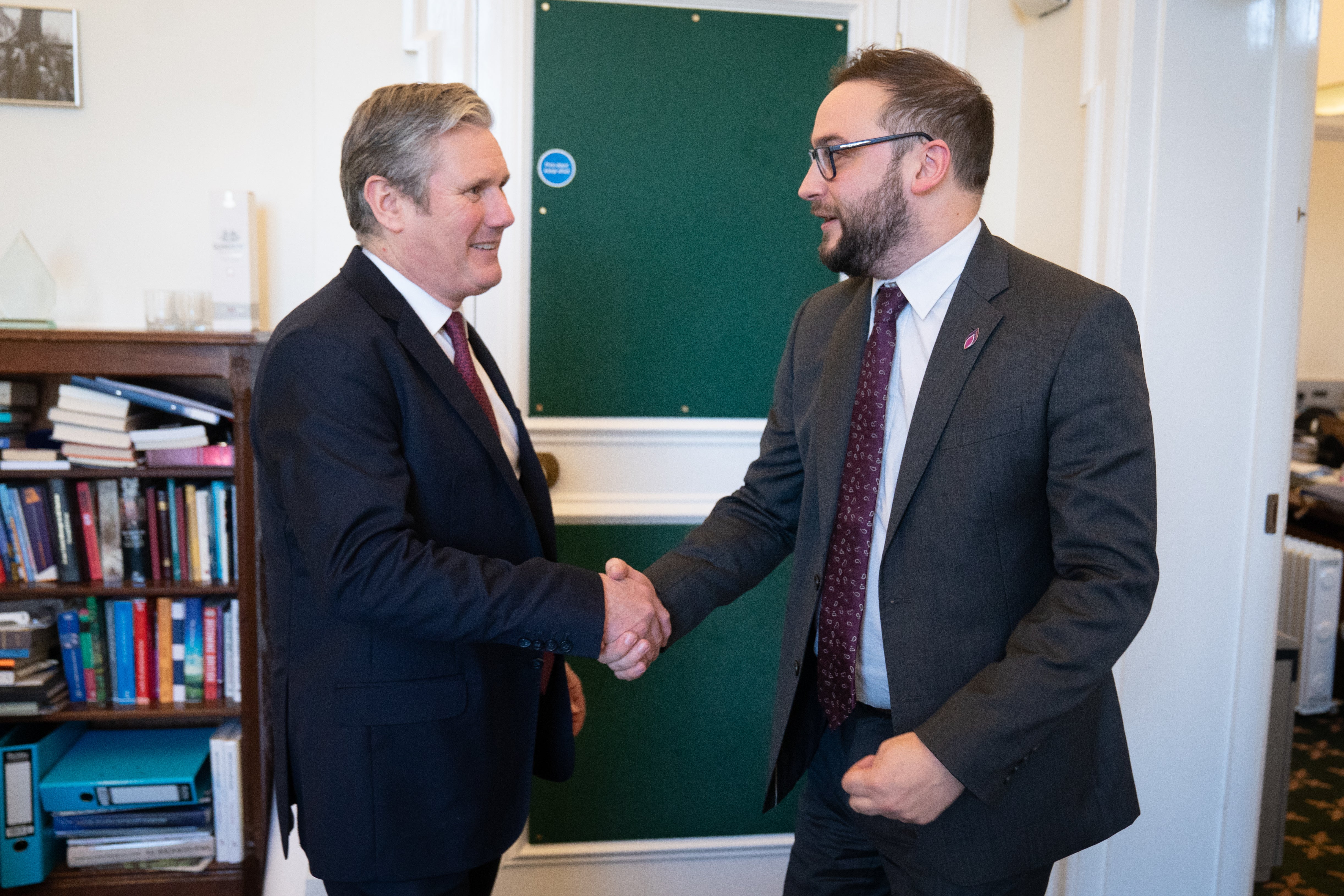 Labour leader Sir Keir Starmer, left, with Bury South MP Christian Wakeford, who has defected from the Conservatives to Labour, in his office in the Houses of Parliament, Westminster (Stefan Rousseau/PA)