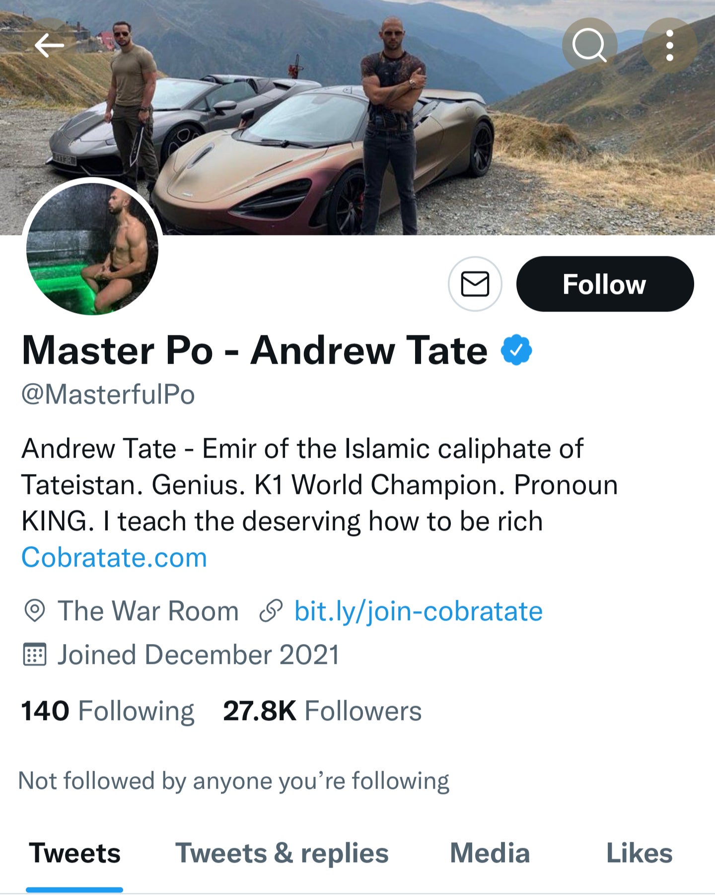 Mr Tate’s verified account, prior to Twitter’s suspension