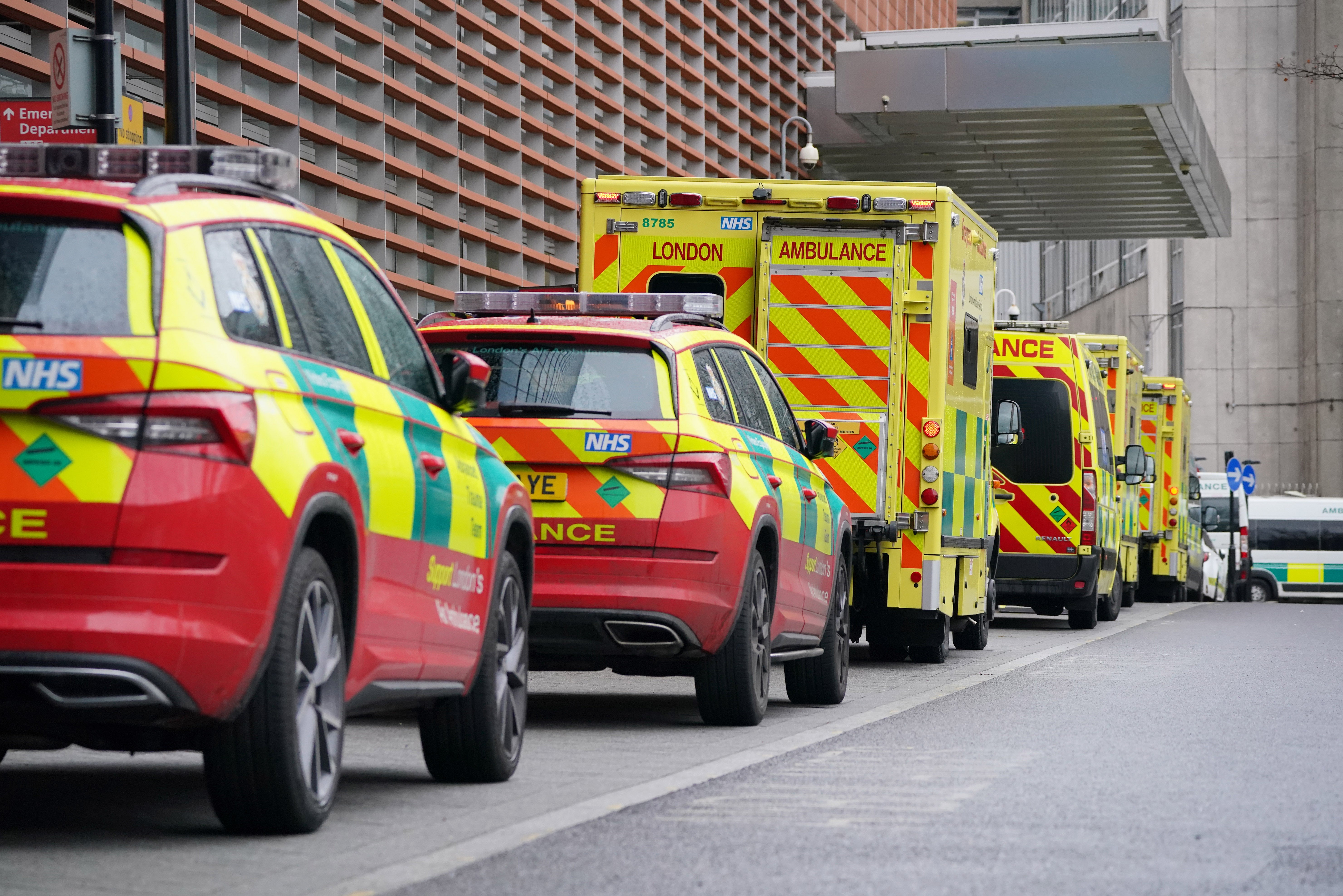 Ambulances parked outside the Royal London Hospital in December 2021 (Jonathan Brady/PA)