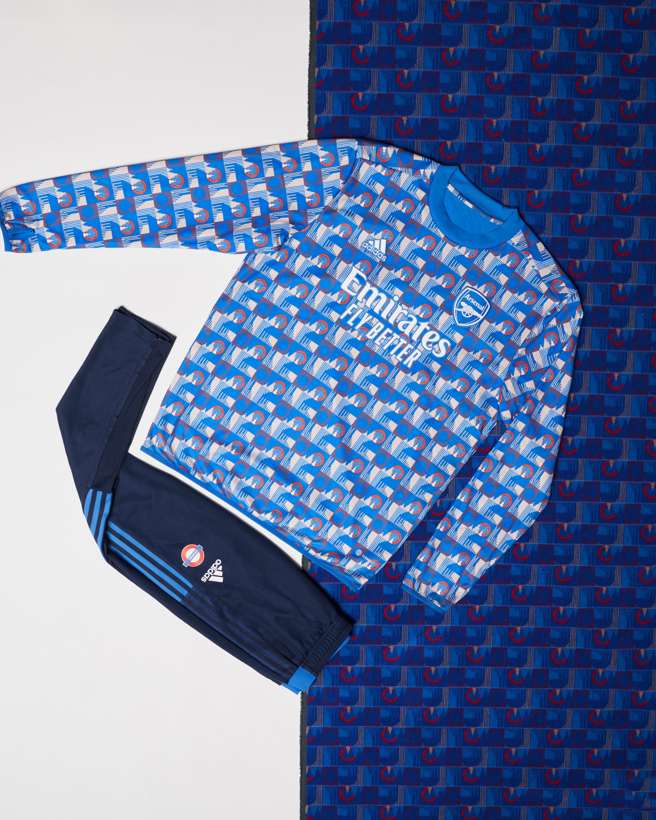 The new clothing range alongside the pattern used on Piccadilly line seats (Adidas/PA)