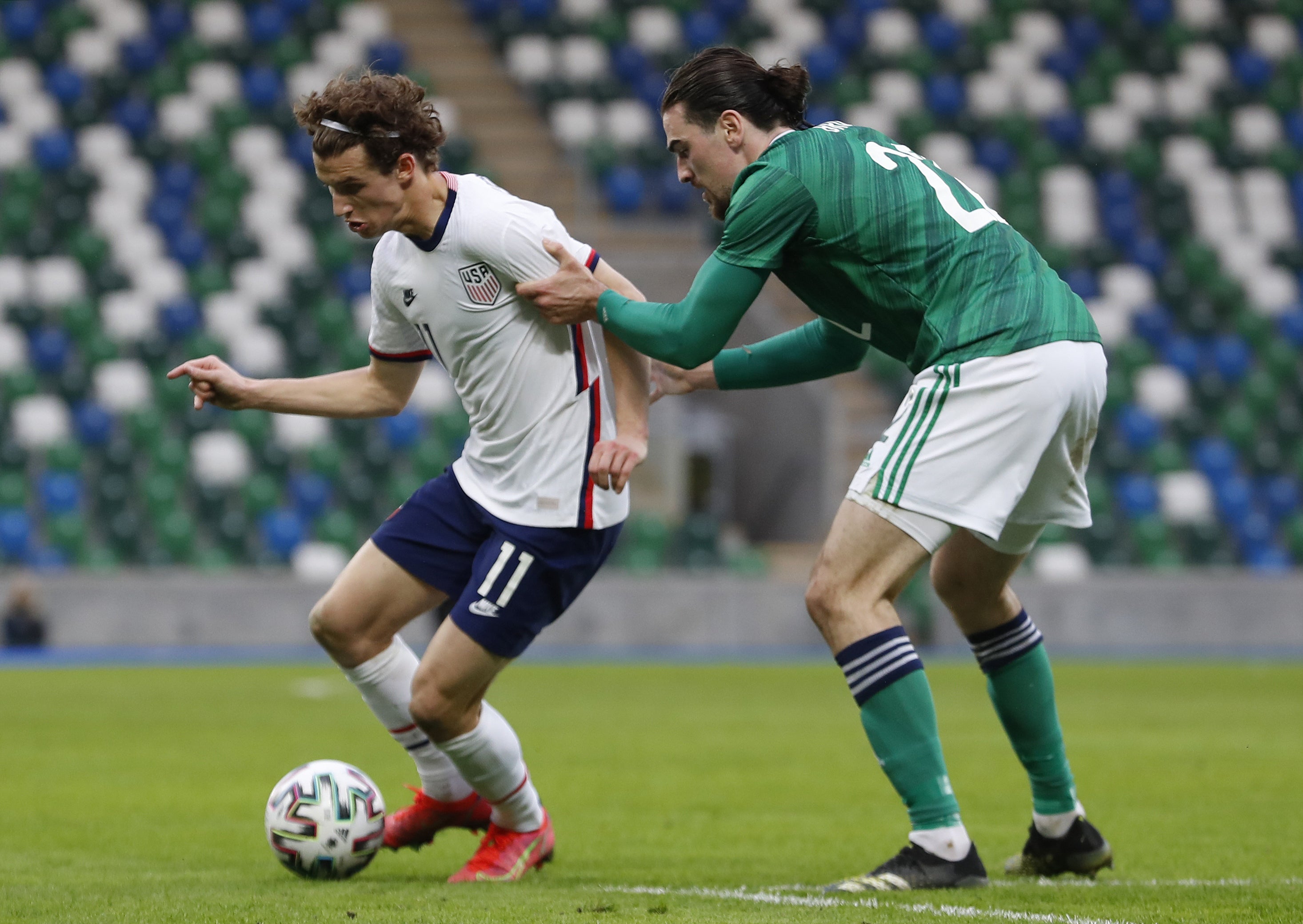 Brenden Aaronson, left, is a reported transfer target for Leeds (Liam McBurney/PA)