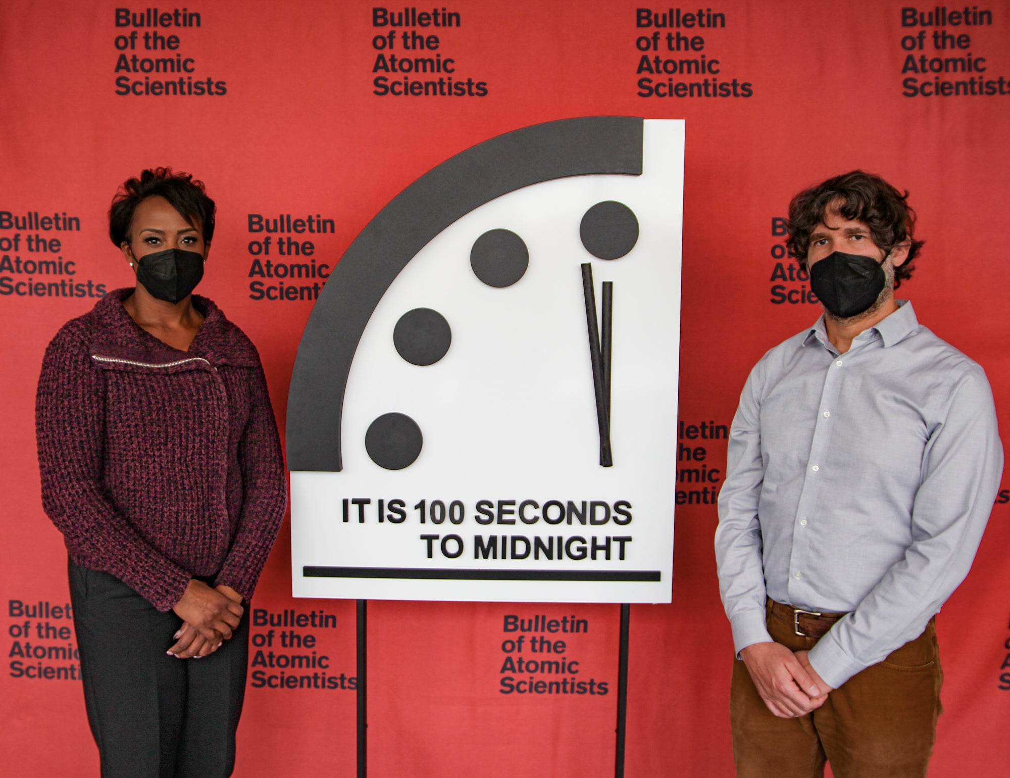 Dr Suzet McKinney and Dr Daniel Holz unveil the Doomsday Clock for 2022 (Bulletin of the Atomic Scientists/PA)