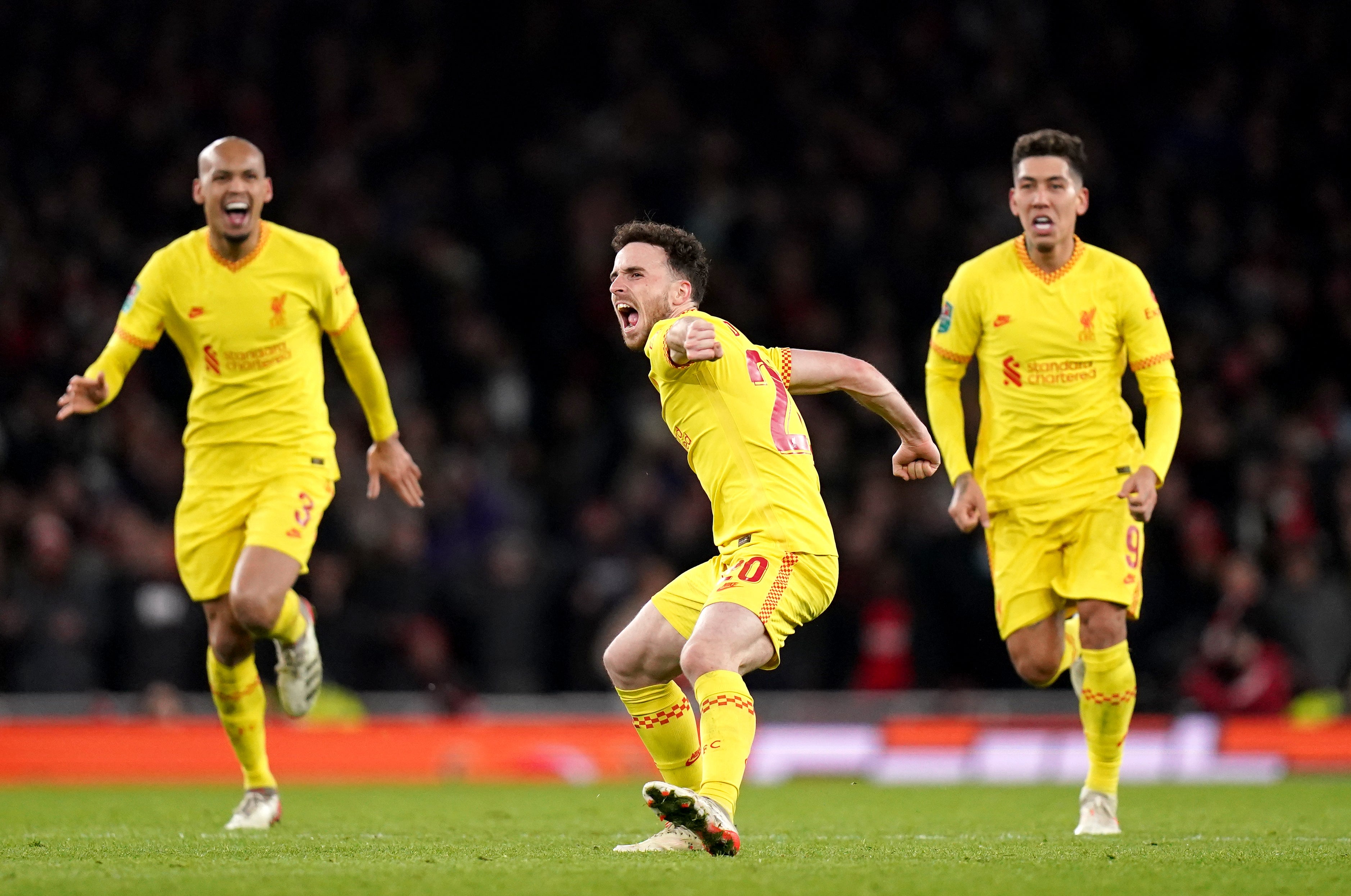 Diogo Jota (centre) scored both Liverpool goals (Adam Davy/PA)