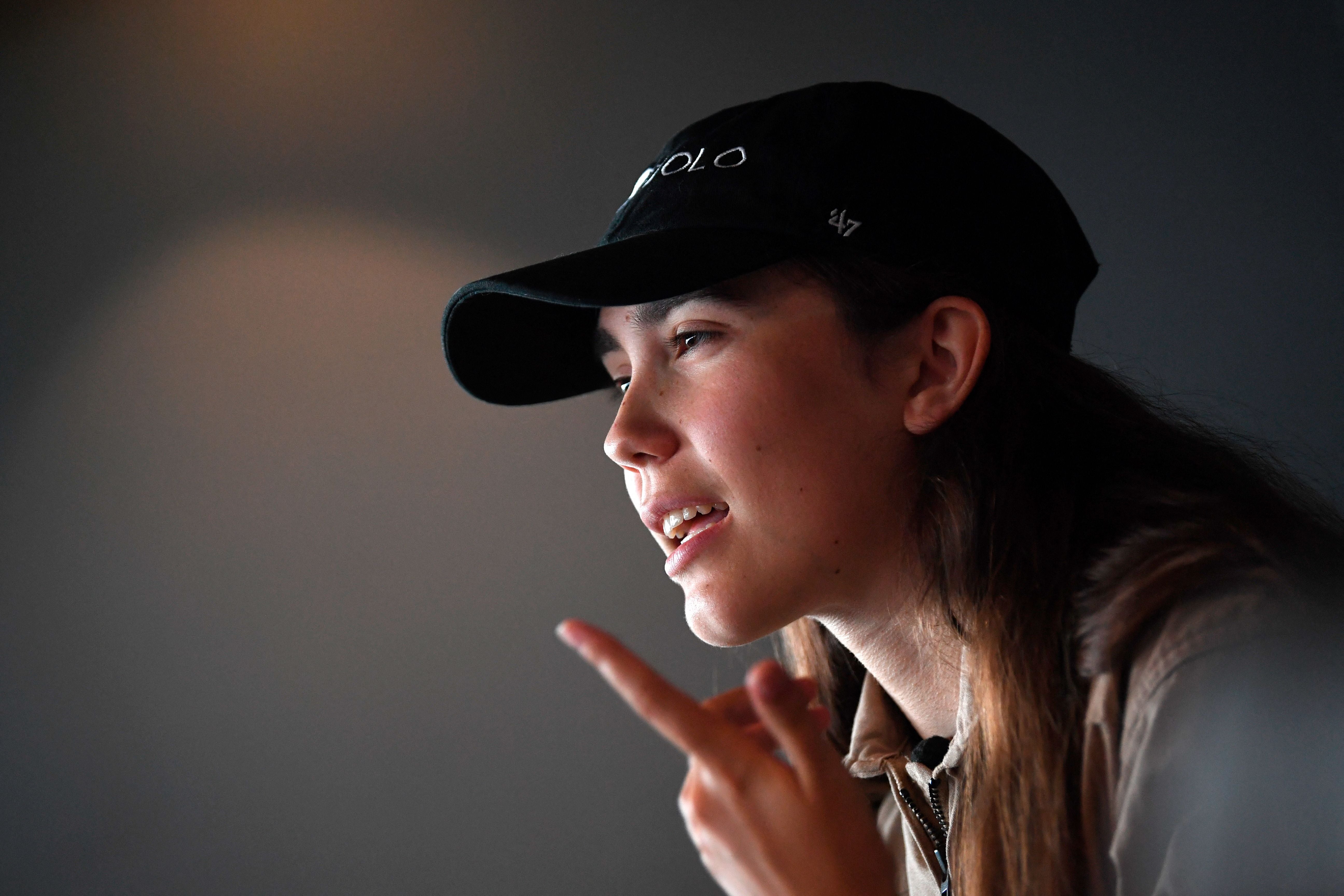 Rutherford at a press conference before embarking on her round-the-world trip