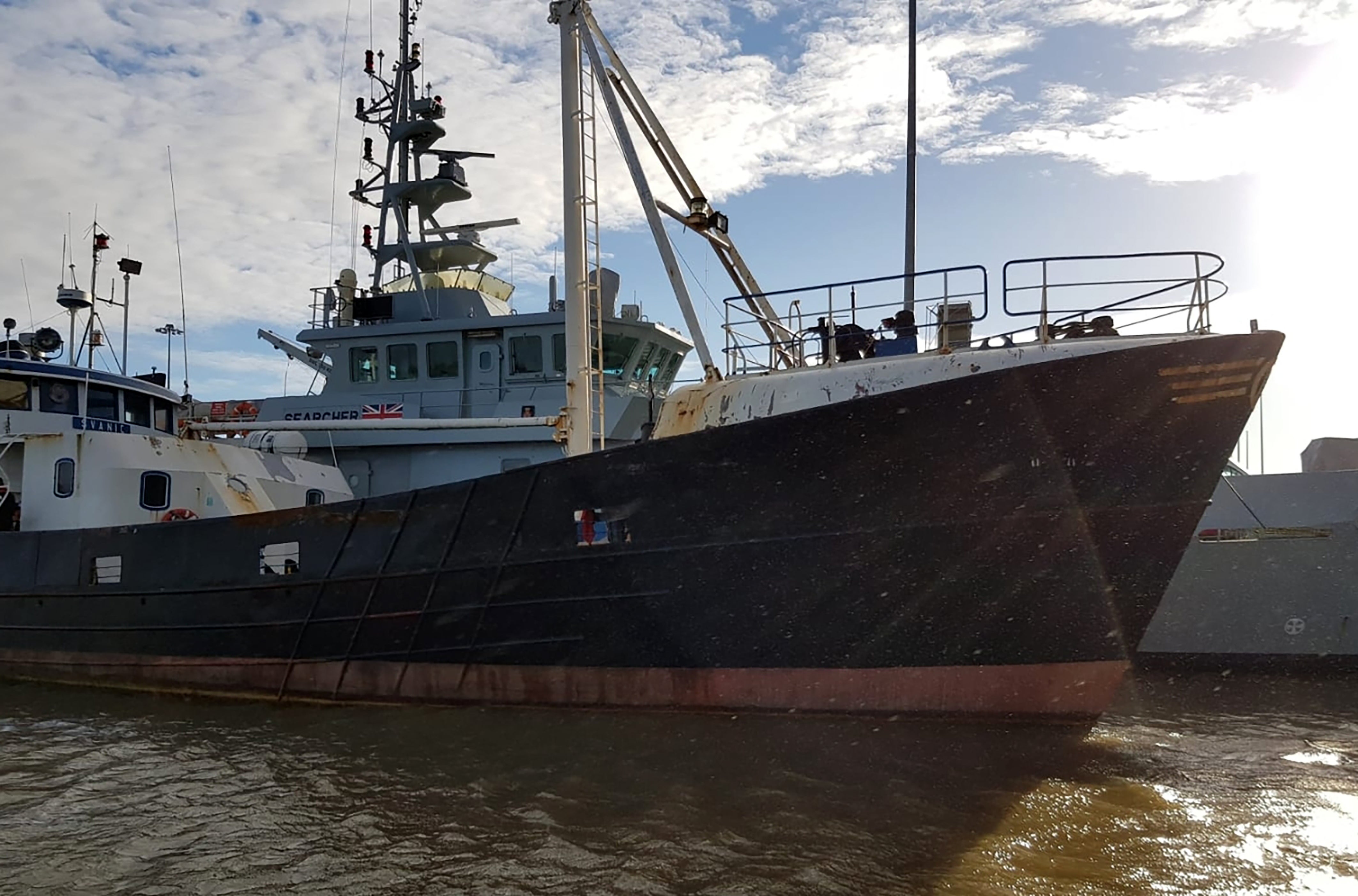 A 30m-long trawler, the Svanic, was used to attempt to smuggle 69 Albanian migrants into the UK (National Crime Agency/PA)