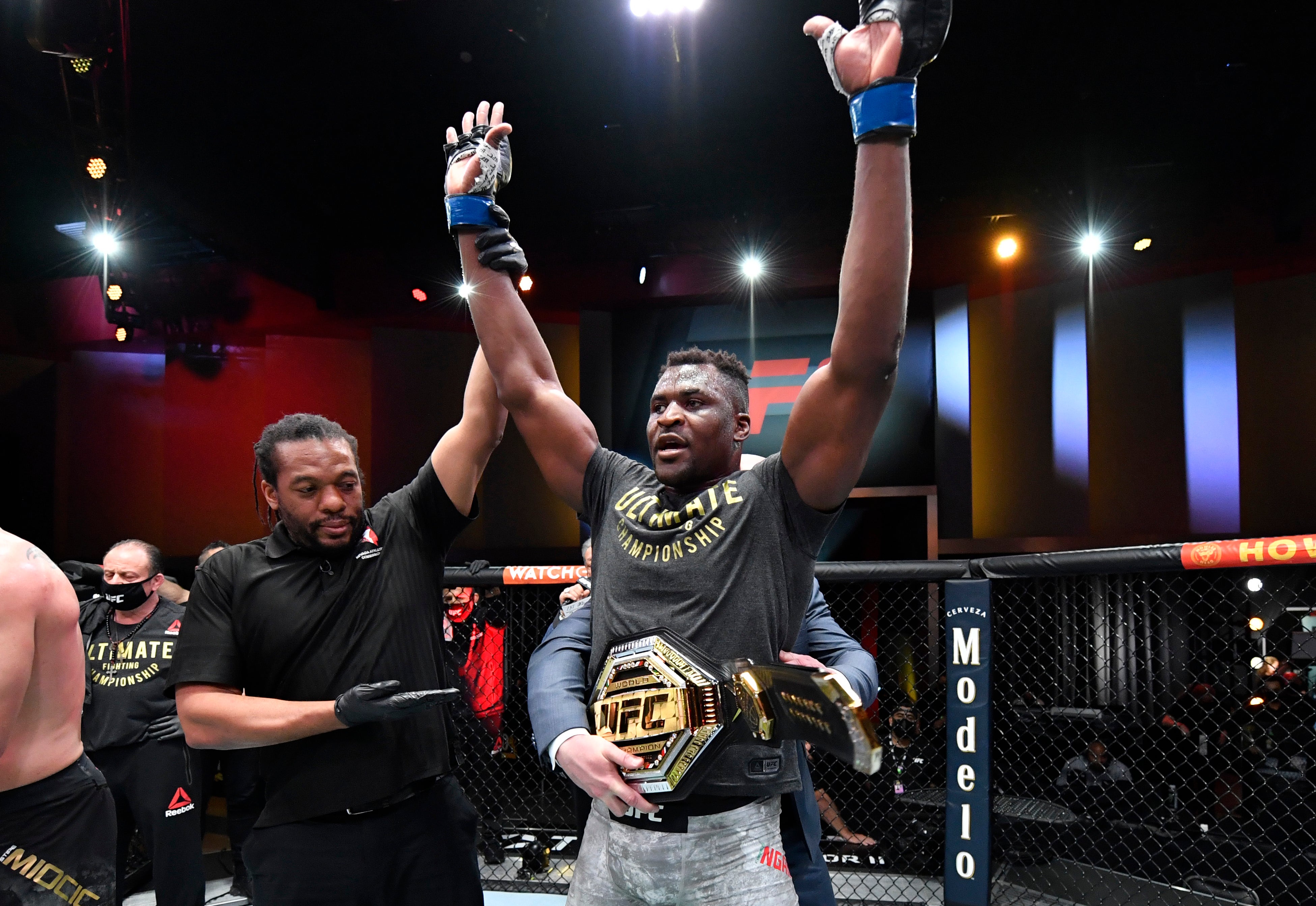 Francis Ngannou reacts after his victory over Stipe Miocic to win the UFC heavyweight championship