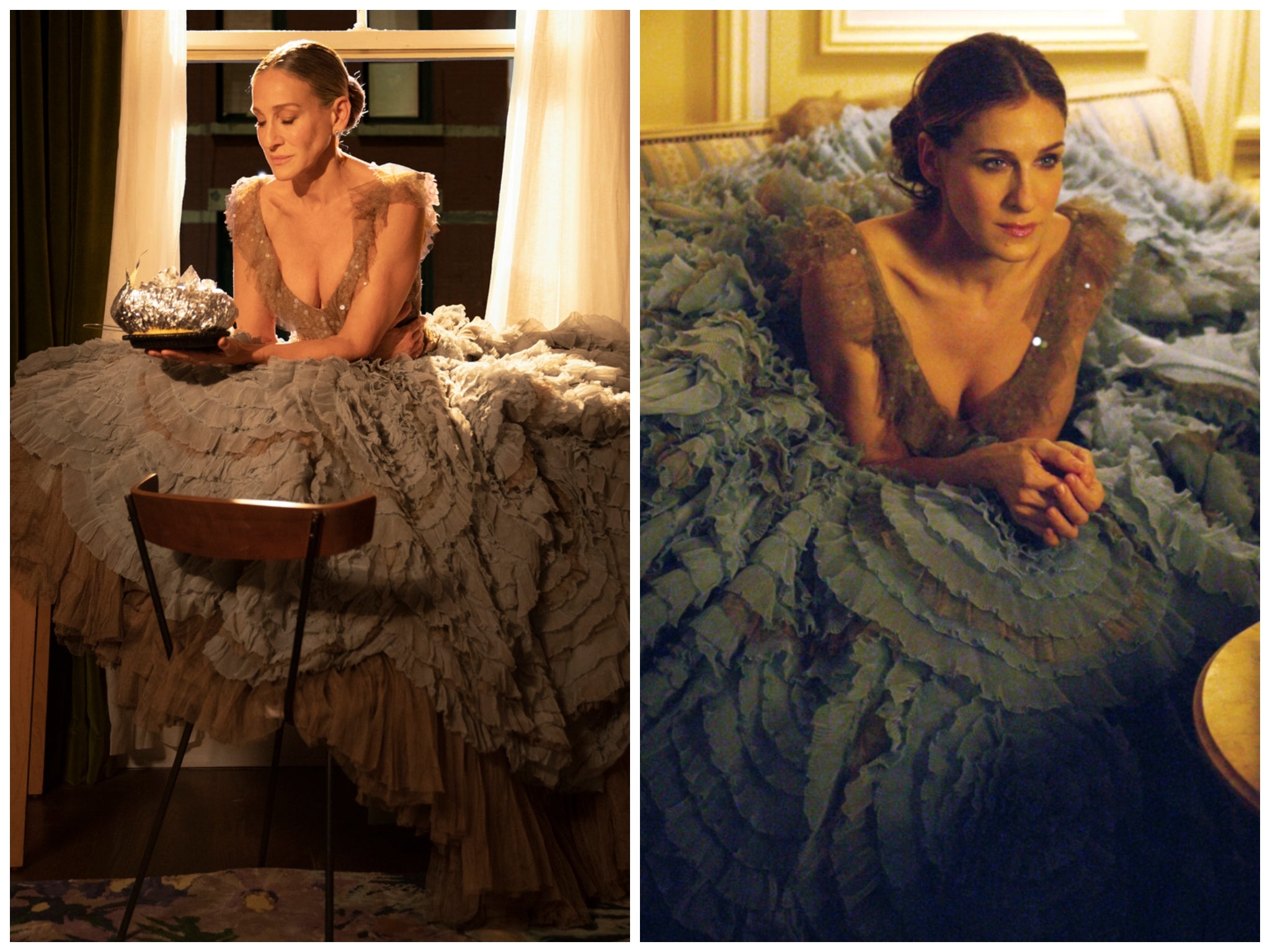 Carrie wears the Versace dress in episode eight of AJLT (left) and in the Paris episodes of SATC (right)