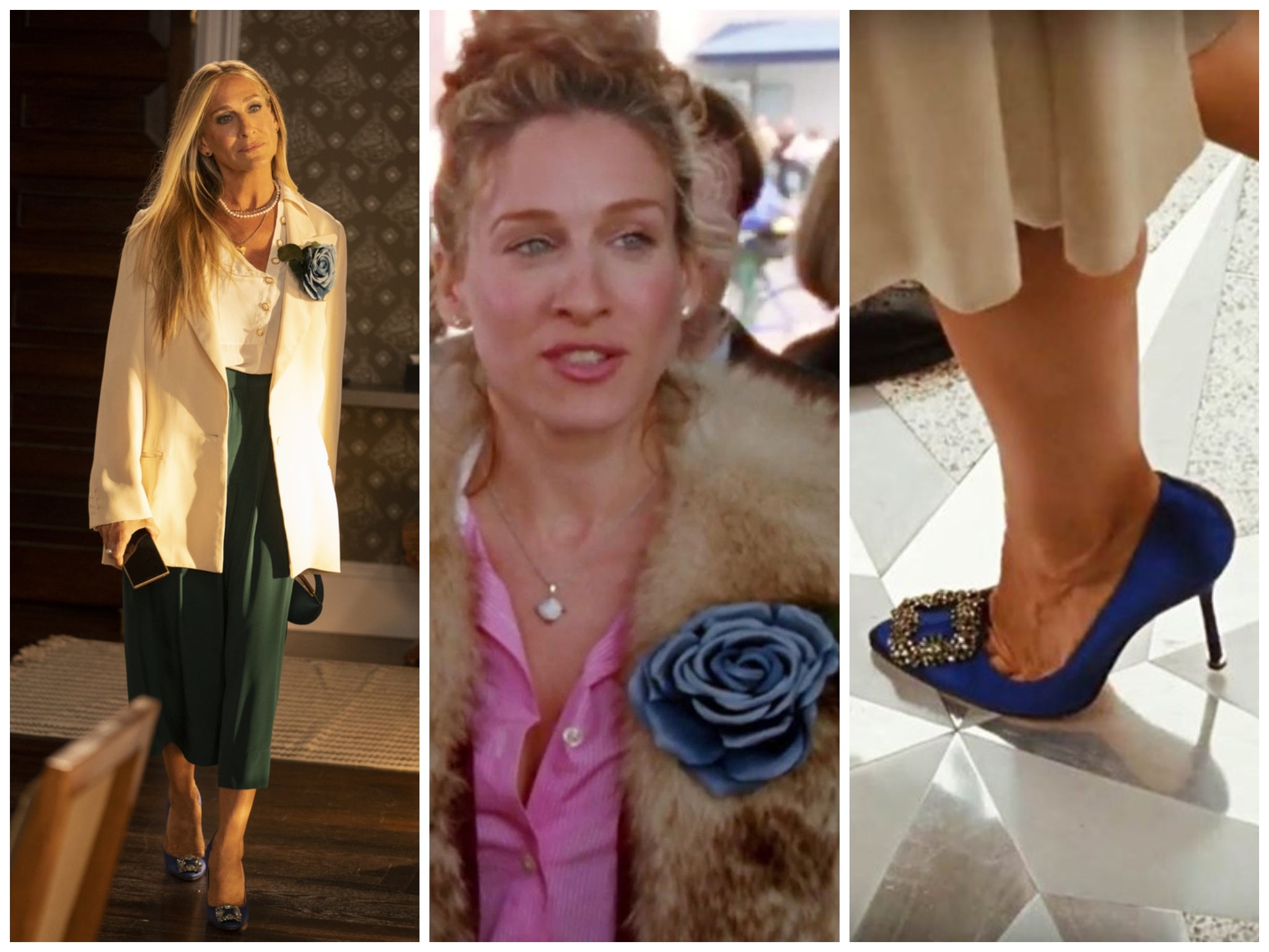 Flowers and Manolos, two of Carrie’s favourite things as seen in AJLT (left) and SATC (middle and right)