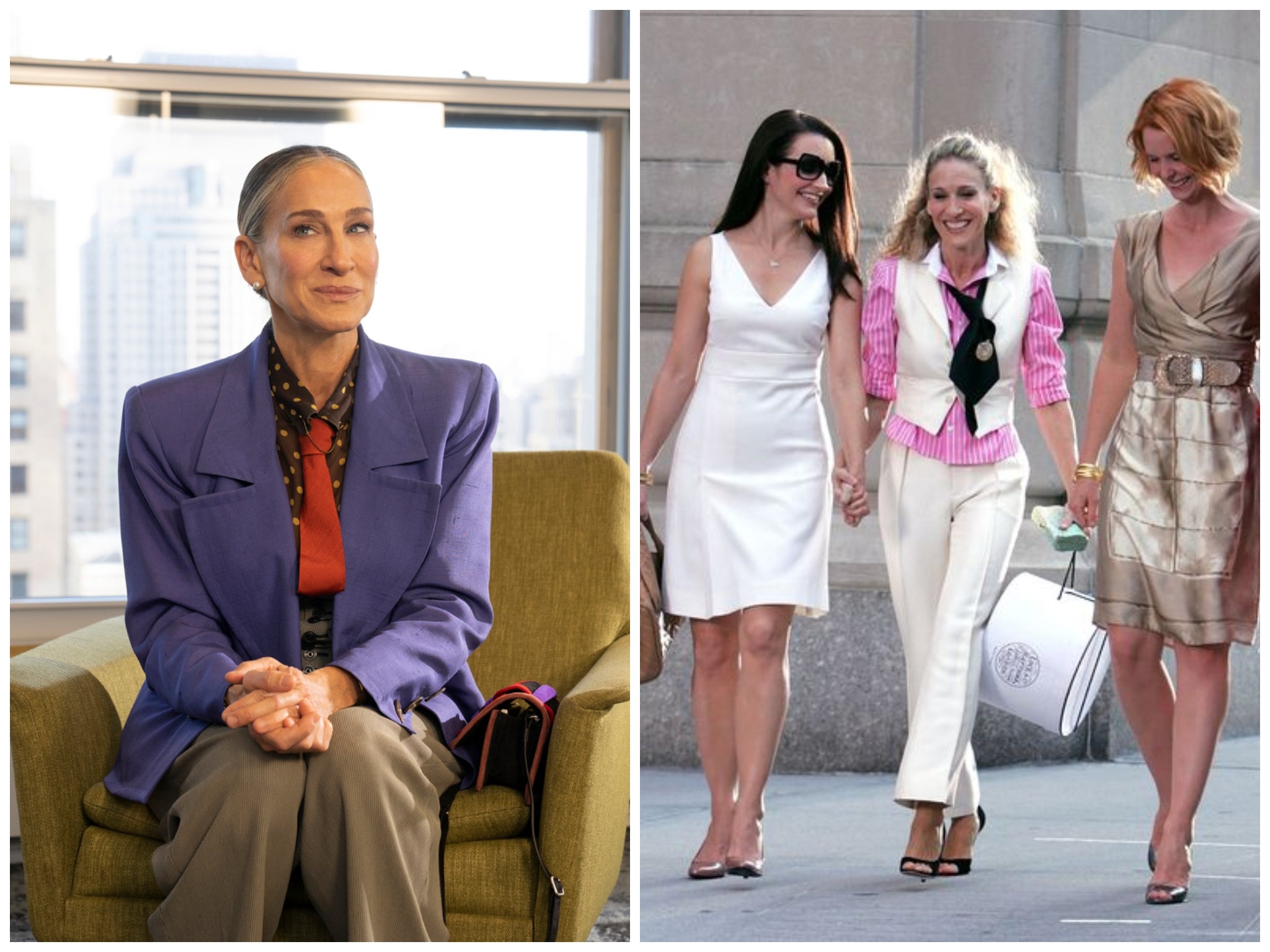 Carrie’s purple suit in AJLT (left) could be a homage to the suit she wore in the first SATC film (right)