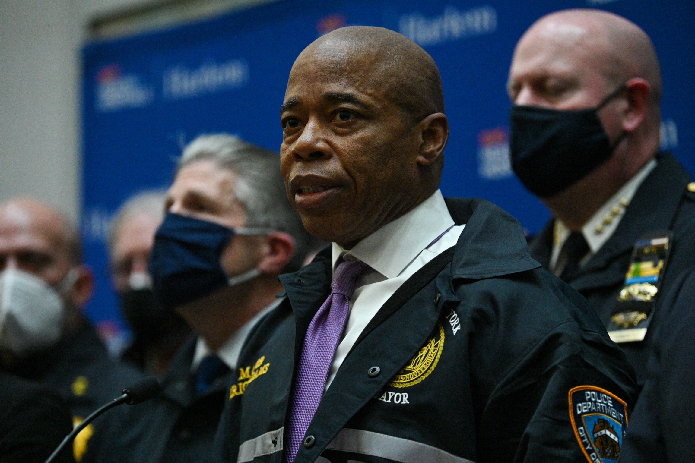 New York City Mayor Eric Adams spoke to reporters from Harlem Hospital following the shooting of two NYPD officers in January.