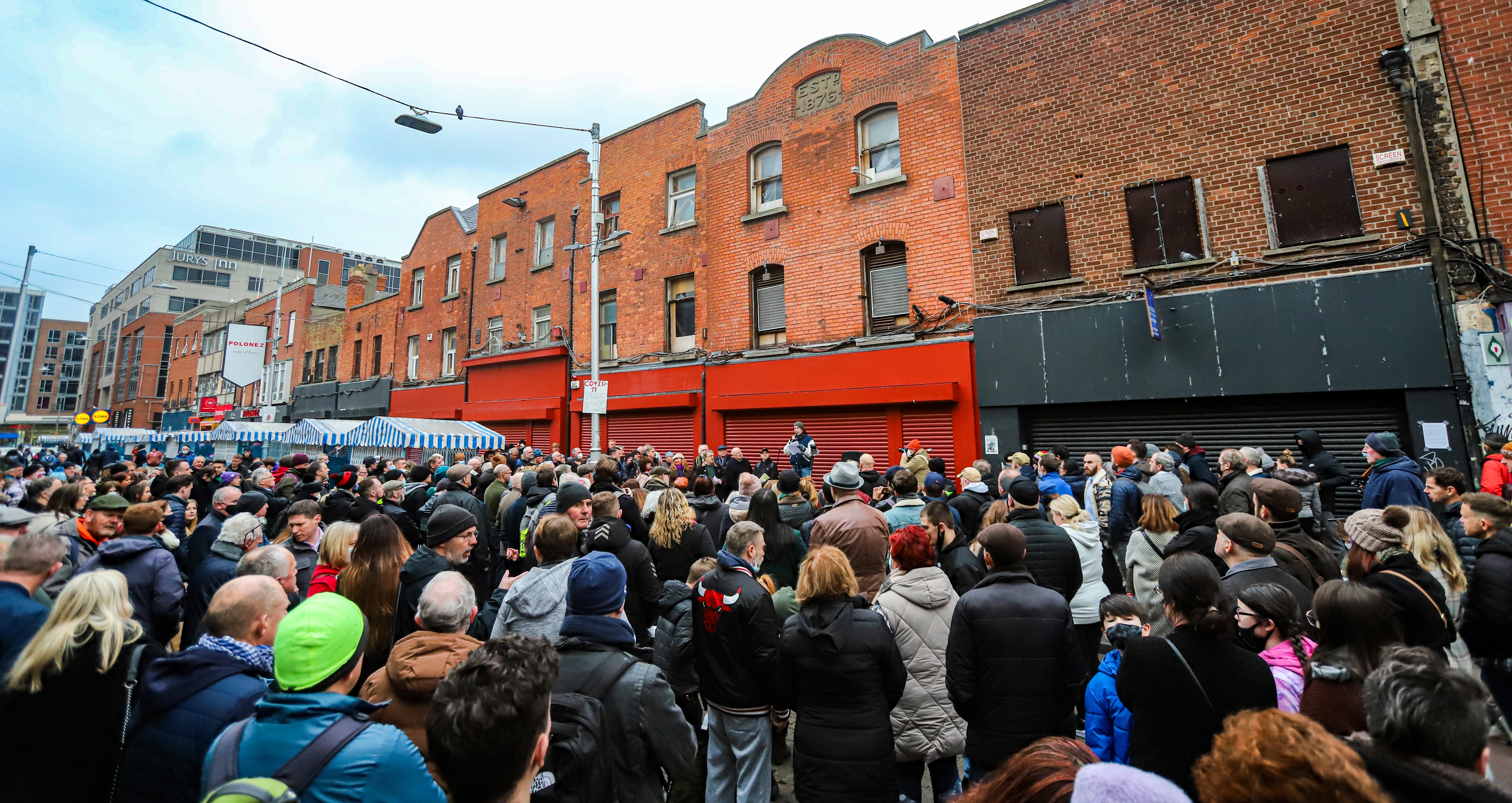 Campaigners for the preservation of Moore Street, a derelict Dublin street, hold a rally, calling for Government intervention. Picture date: Saturday January 22, 2022.