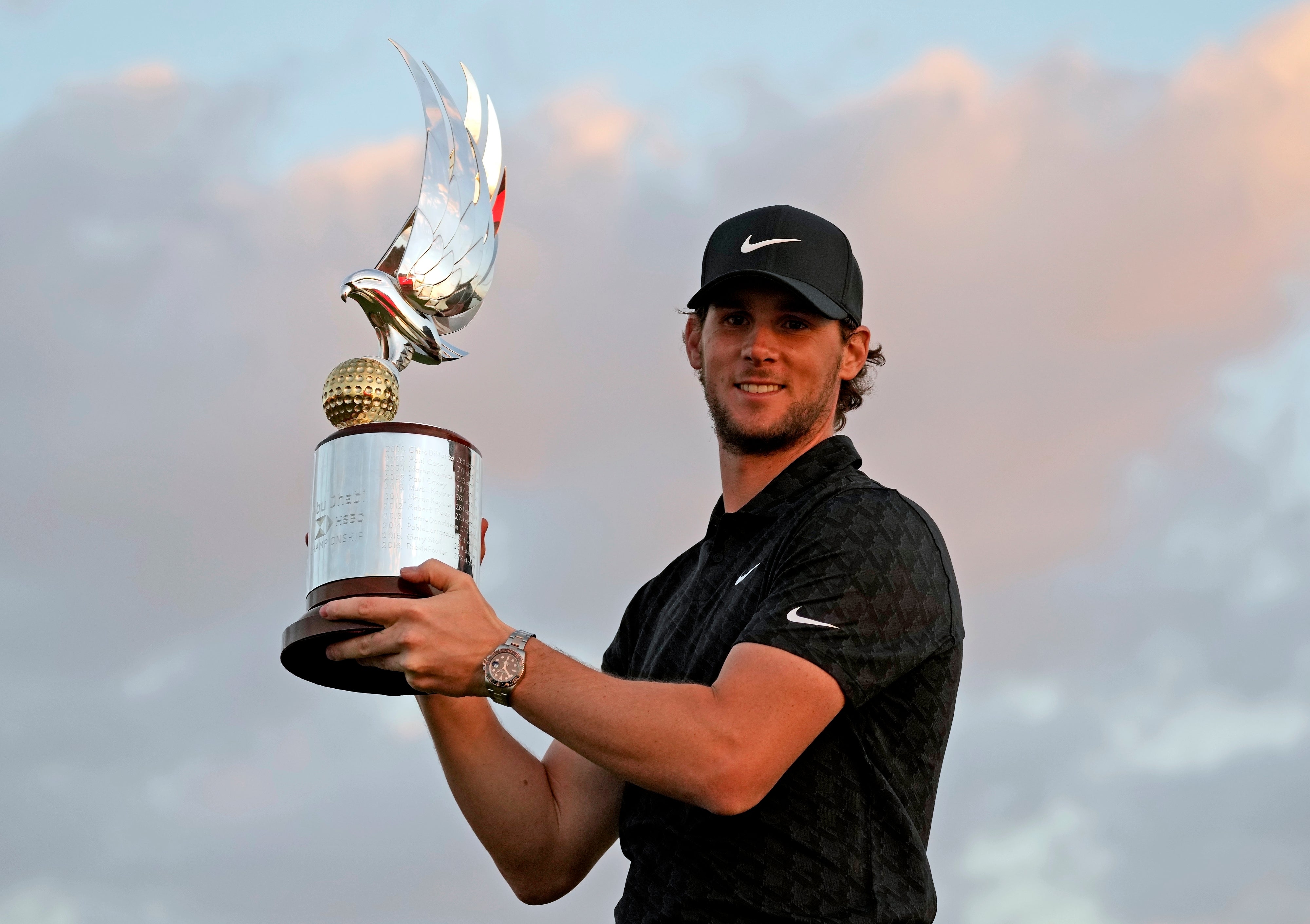 Thomas Pieters celebrates his Abu Dhabi triumph (Kamran Jebreili/AP)