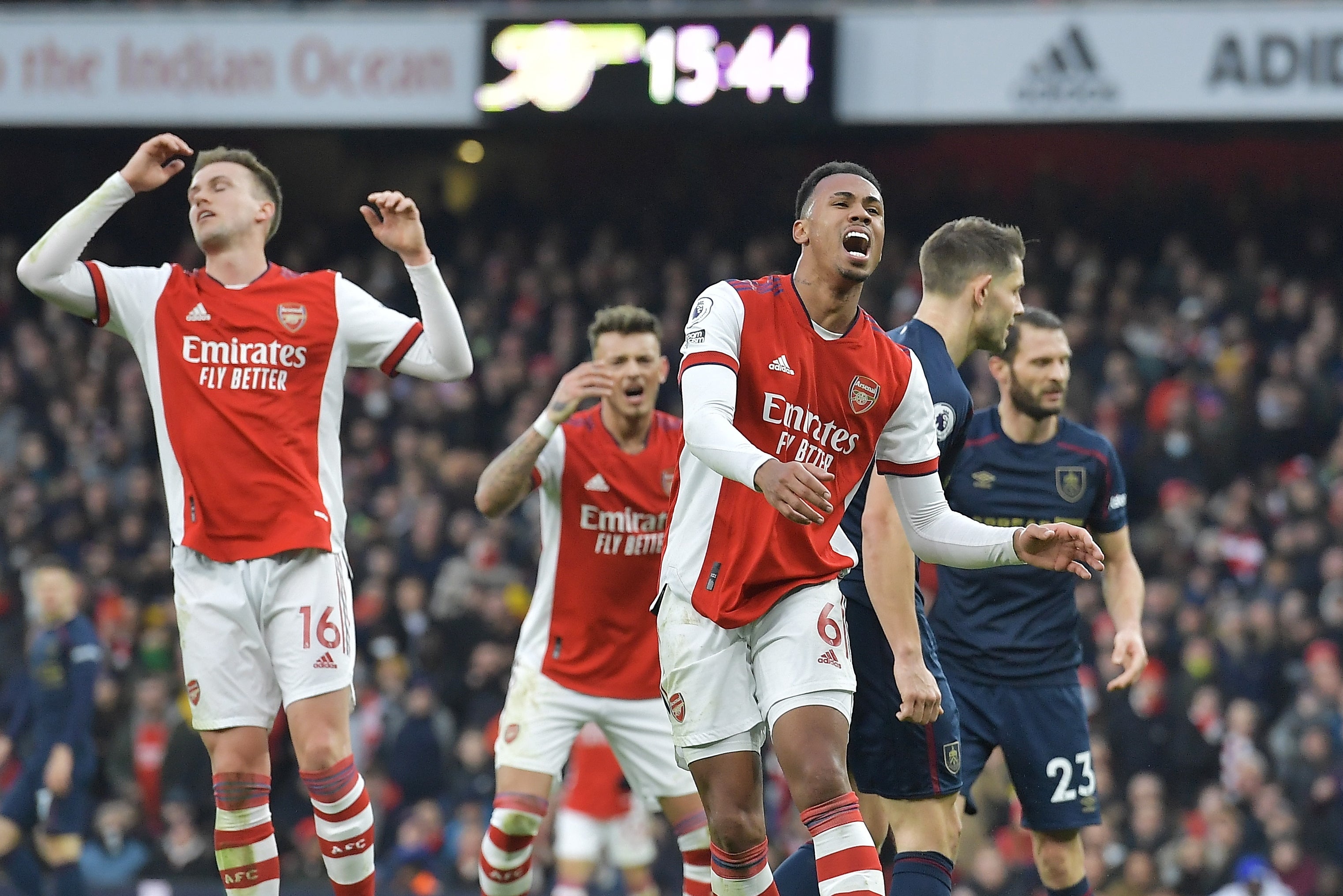 Arsenal defenders Rob Holding, Ben White and Gabriel Magalhaes bemoan another chance that goes begging