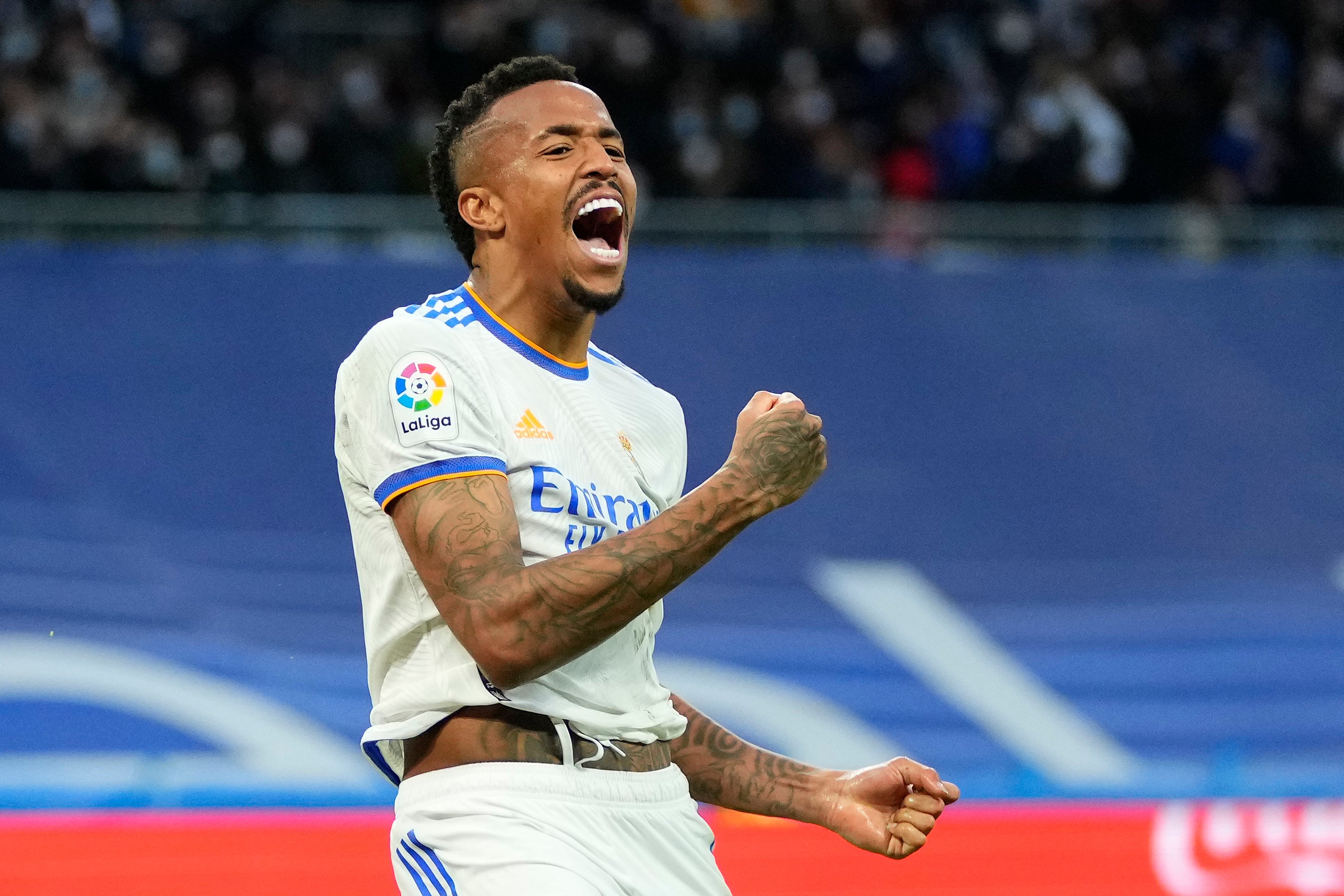 Eder Militao celebrates Real Madrid’s equaliser (Manu Fernandez/AP).