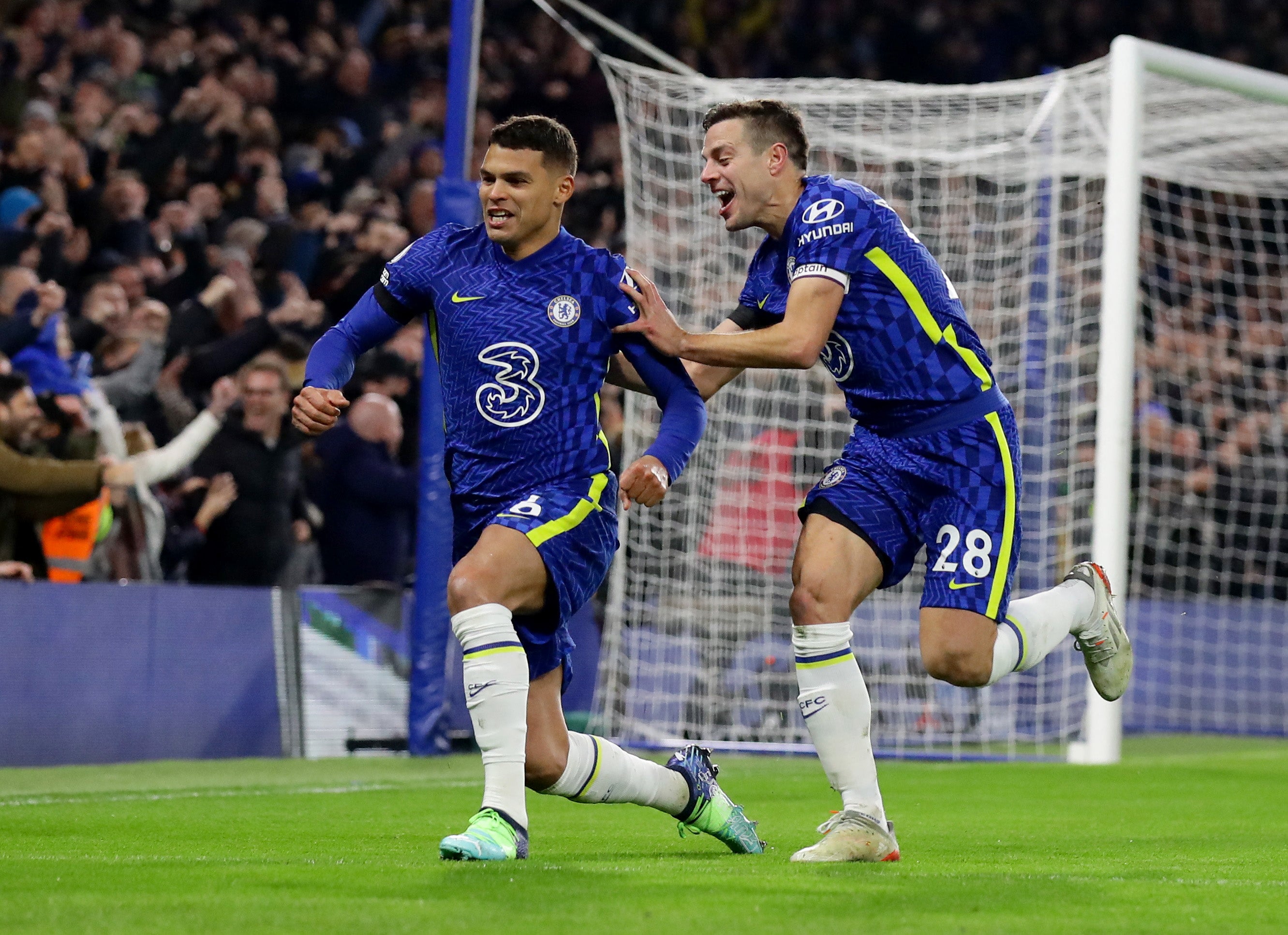 Chelsea’s Thiago Silva celebrates scoring with Cesar Azpilicueta