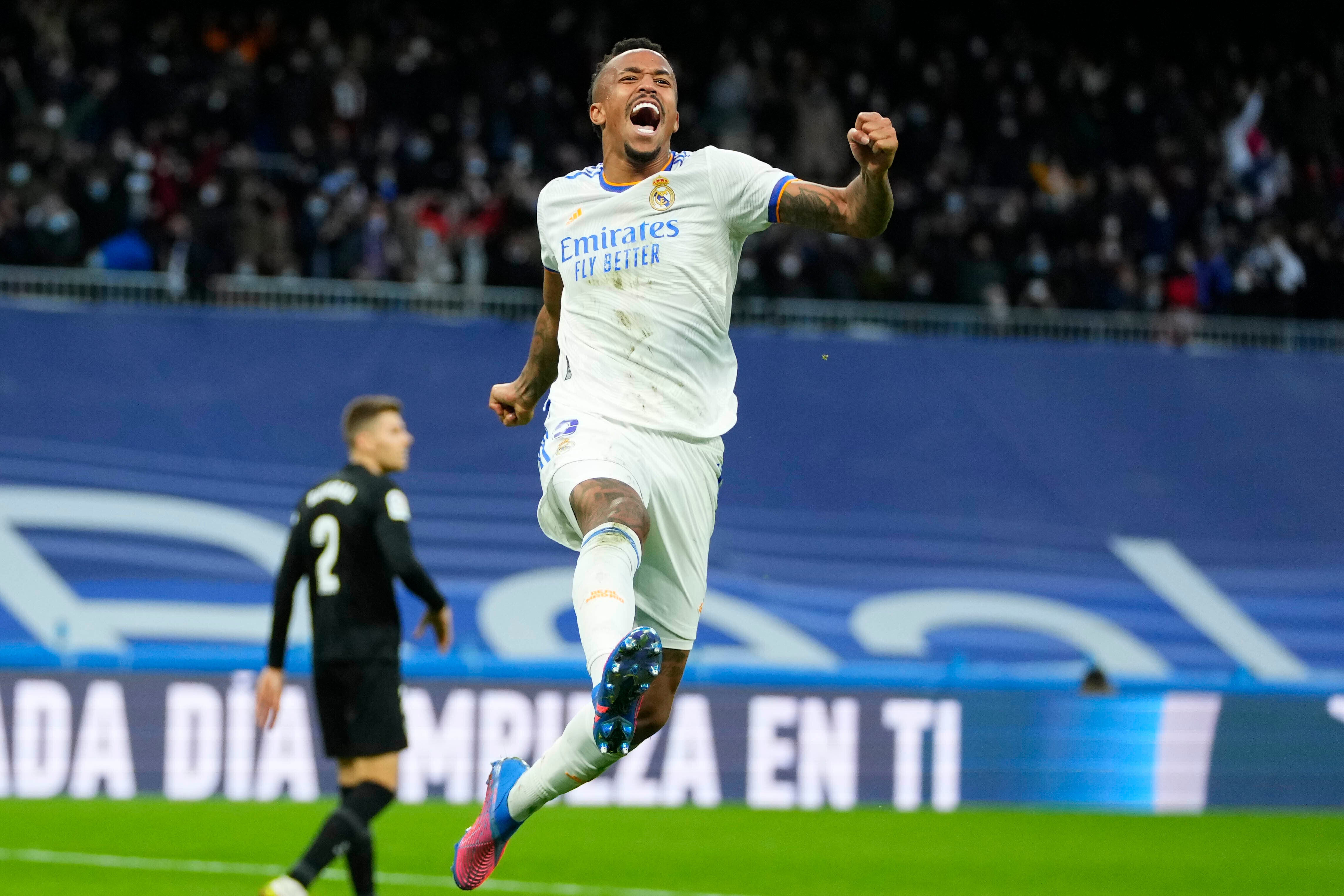 Real Madrid’s Eder Militao celebrates his equaliser (Manu Fernandez/AP).