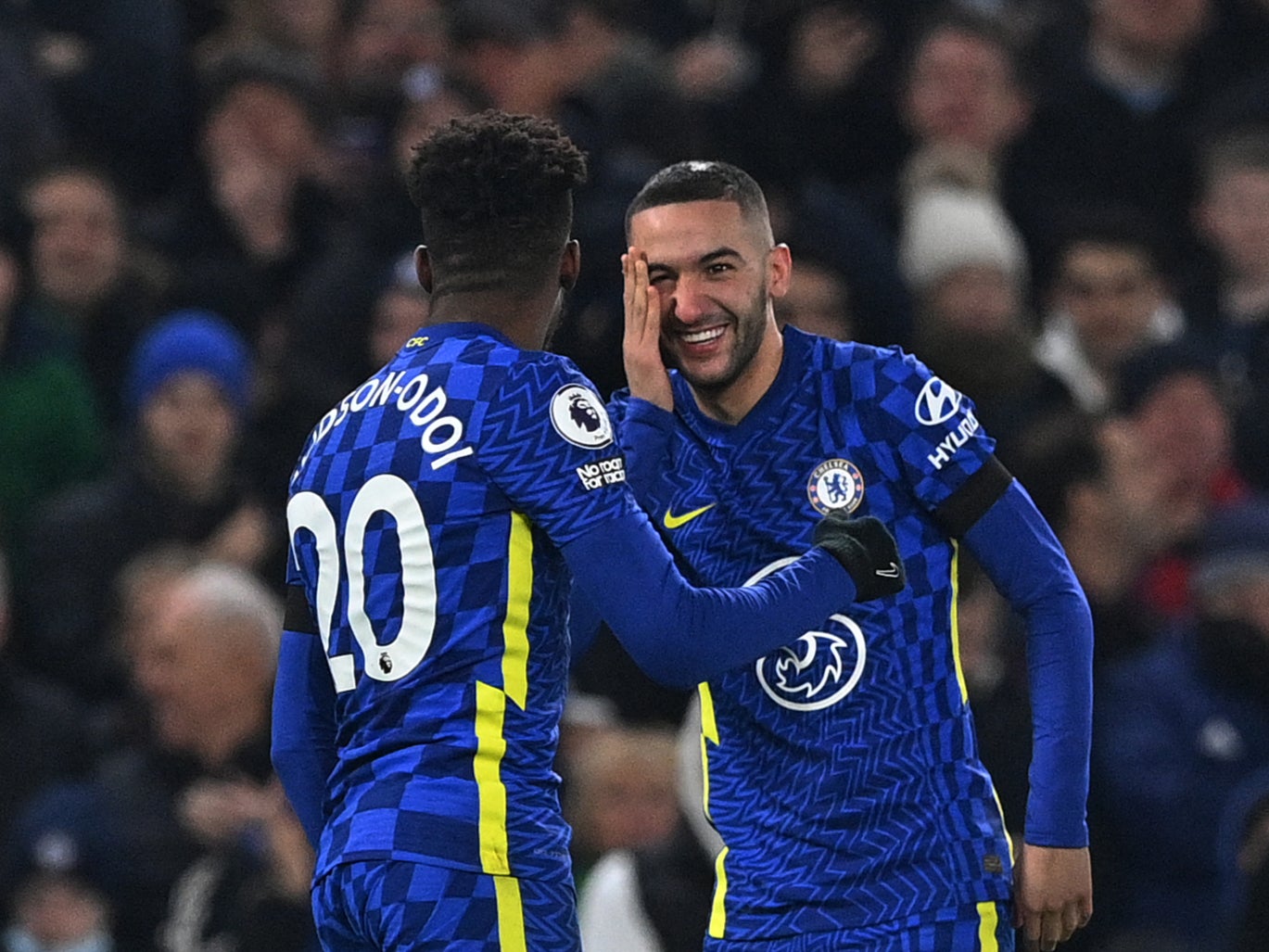 Hakim Ziyech celebrates scoring with Callum Hudson-Odoi