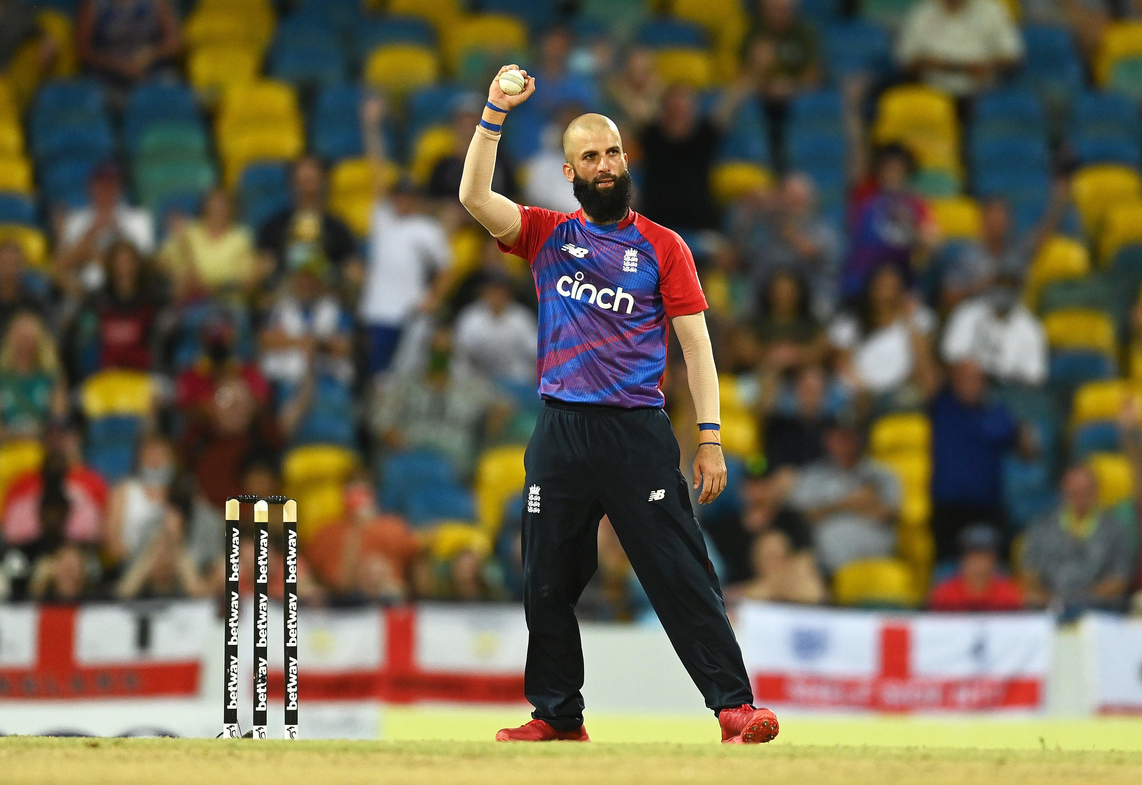 Moeen Ali of England celebrates the wicket of Jason Holder of West Indies