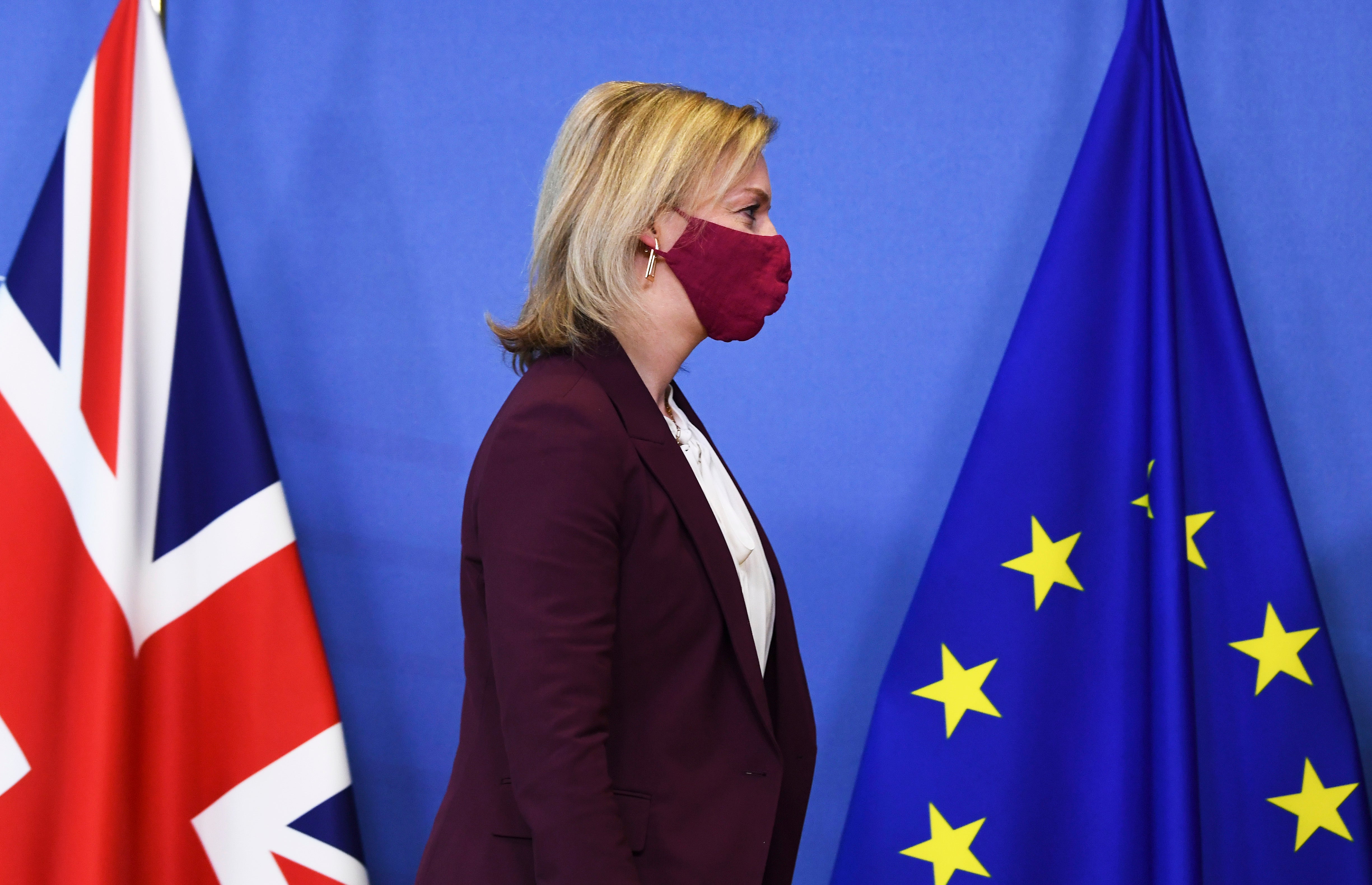 British Foreign Secretary Liz Truss arrives for a meeting with European Commission vice-president Maros Sefcovic in Brussels (John Thys/AP)