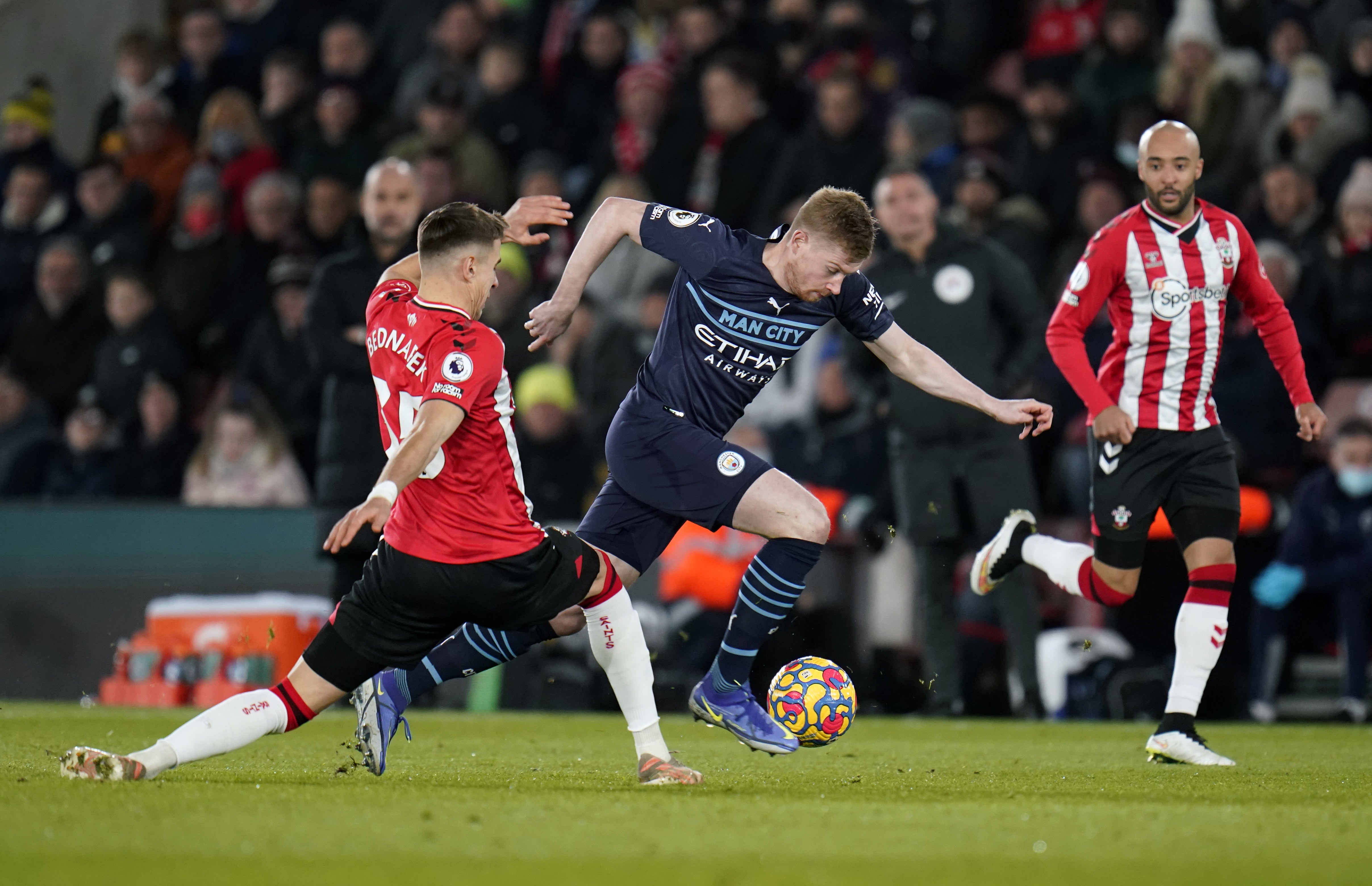 Kevin De Bruyne, centre, has been in top form for City this season (Andrew Matthews/PA)