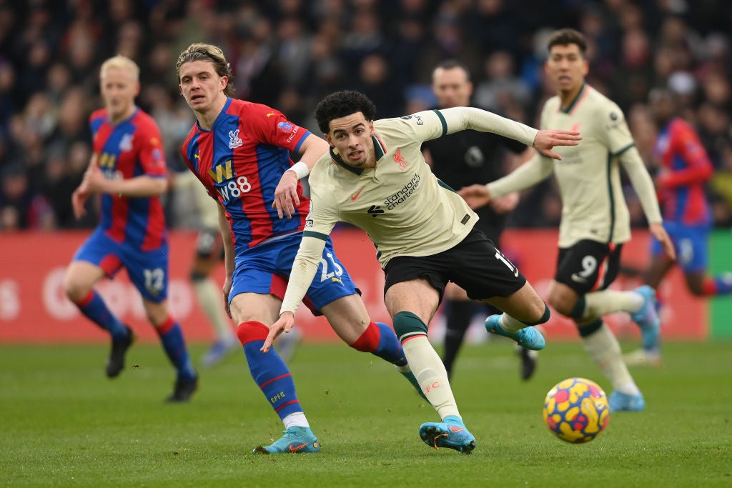 Curtis Jones is challenged by Conor Gallagher against Crystal Palace