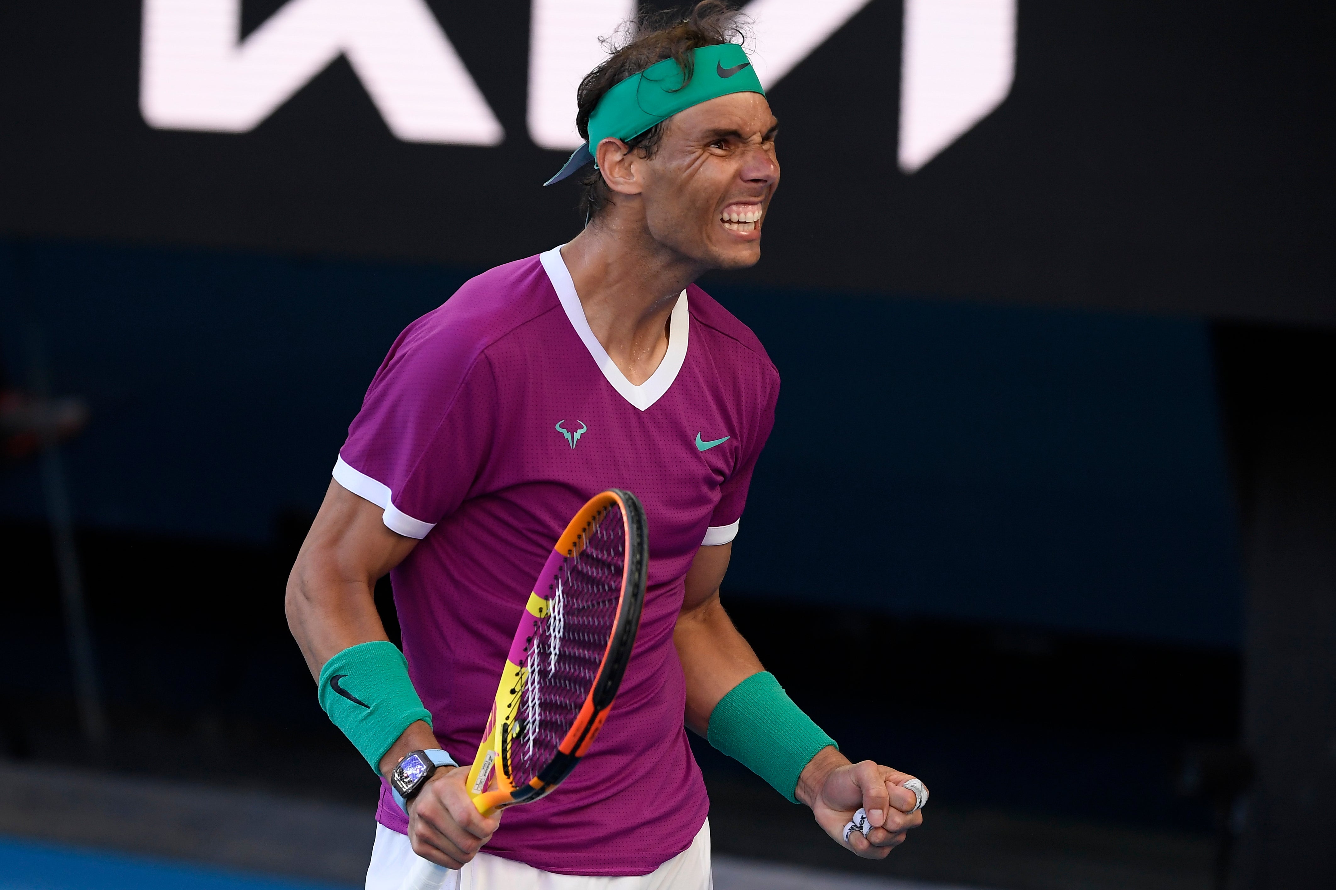 Rafael Nadal shows his delight after beating Denis Shapovalov (Andy Brownbill/AP)