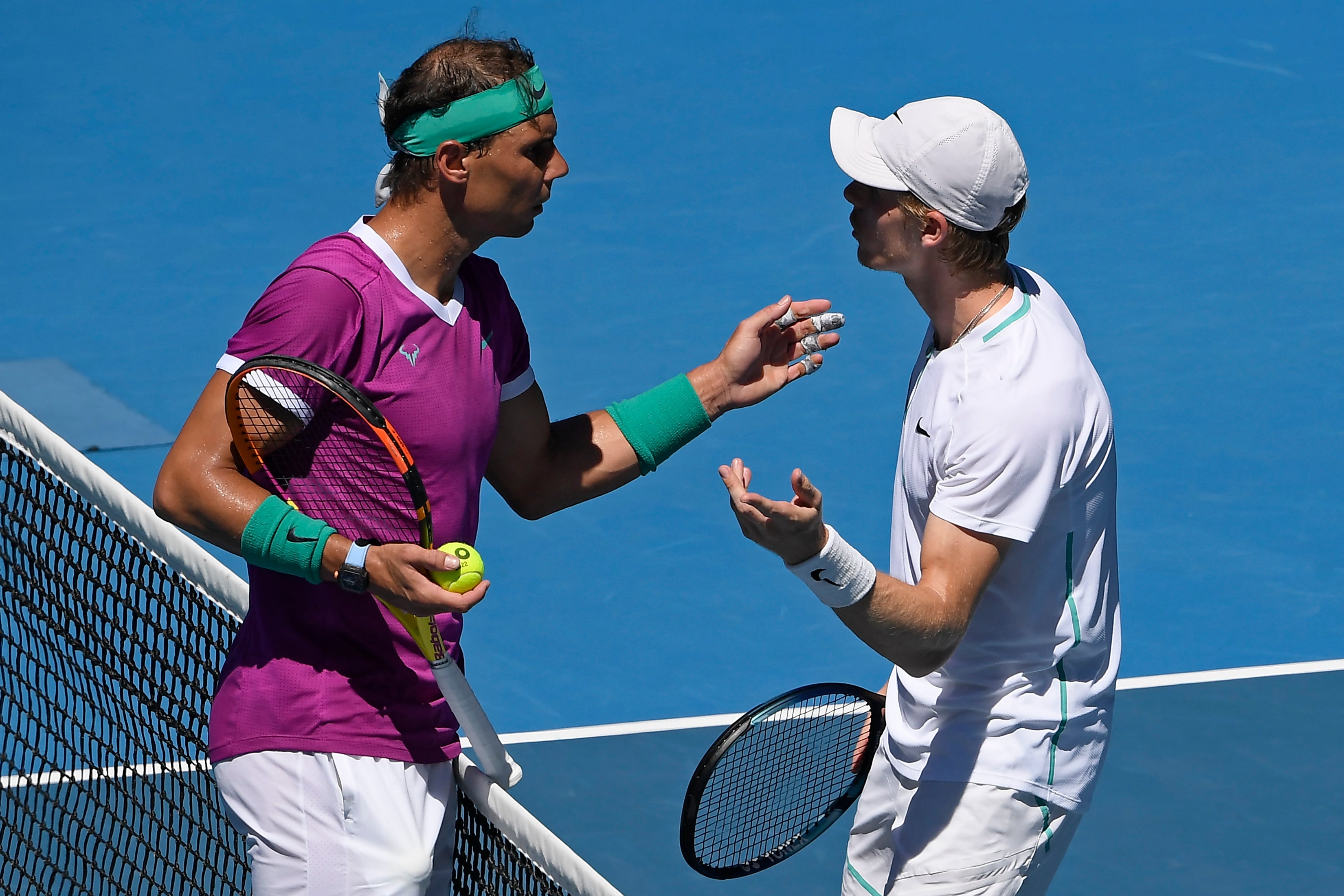 Denis Shapovalov, right, and Rafael Nadal had words at the net (Andy Brownbill/AP)