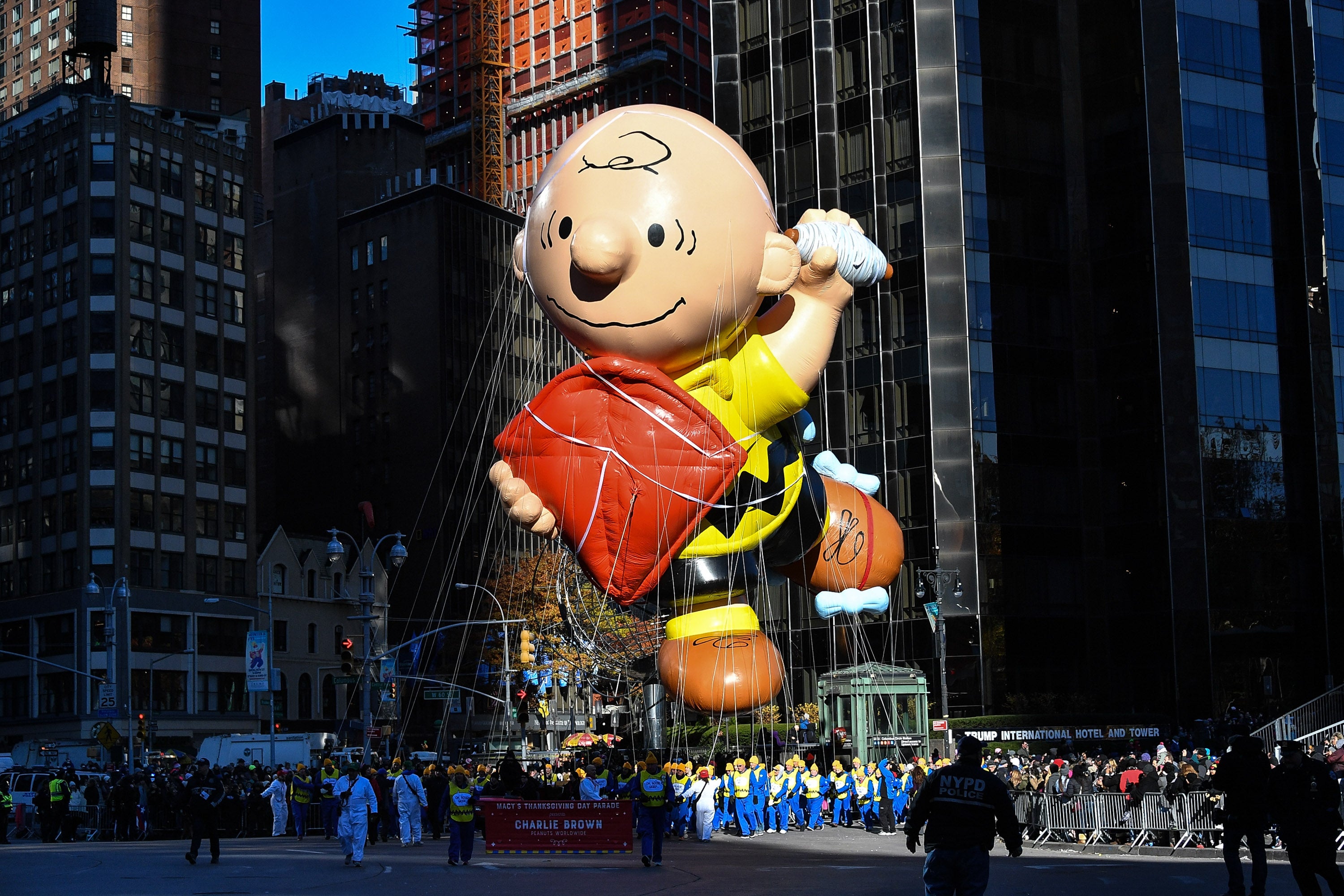 The Charlie Brown balloon floats in Columbus Circle during the 91st Annual Macy’s Thanksgiving Day Parade in 2017