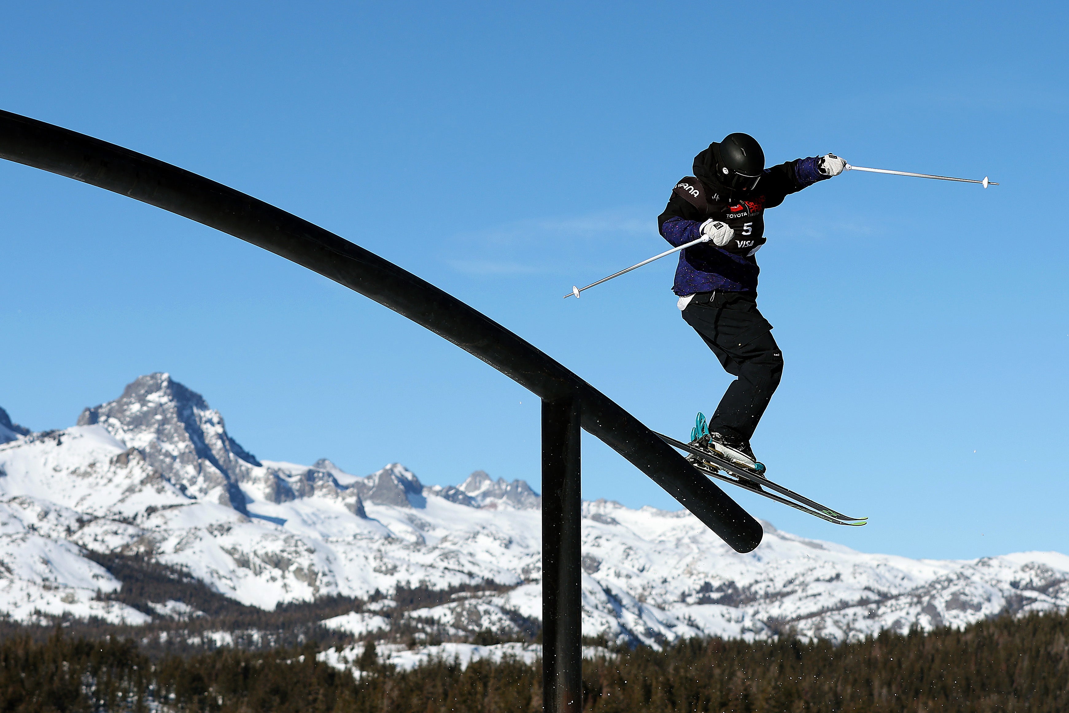 Kirsty Muir competing in the Women’s Freeski Slopestyle competition at the US Grand Prix at Mammoth Mountain