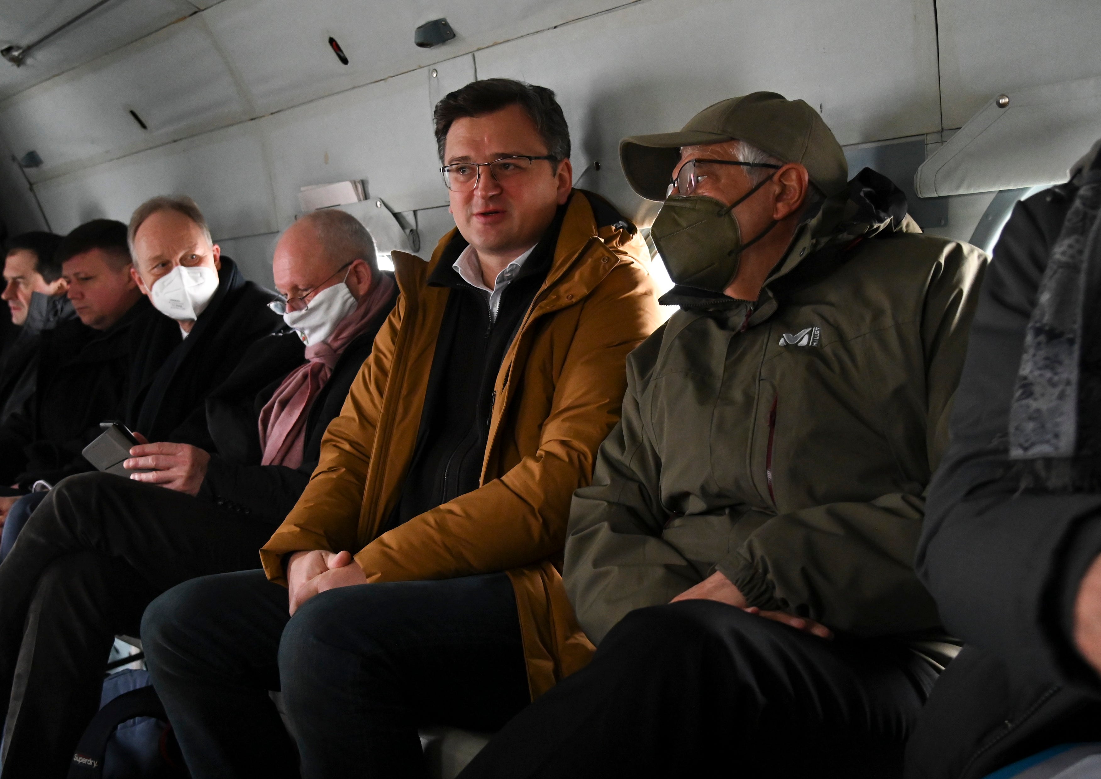 Ukrainian foreign minister Dmytro Kuleba, centre, and EU foreign affairs high representative Josep Borrell fly to eastern Luhansk region from Kharkiv