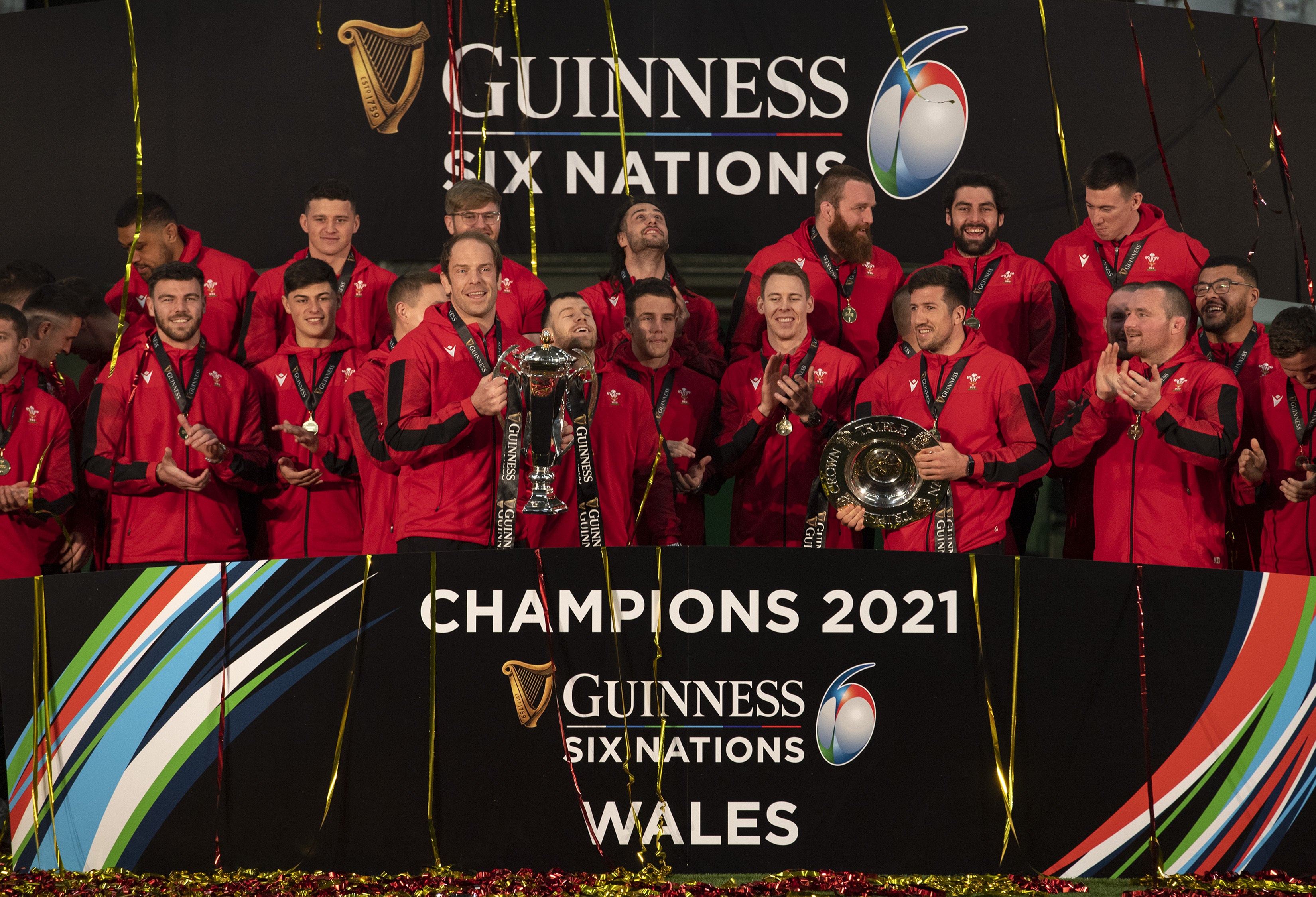 Wales players celebrate winning the 2021 Six Nations title (Ben Evans/PA)