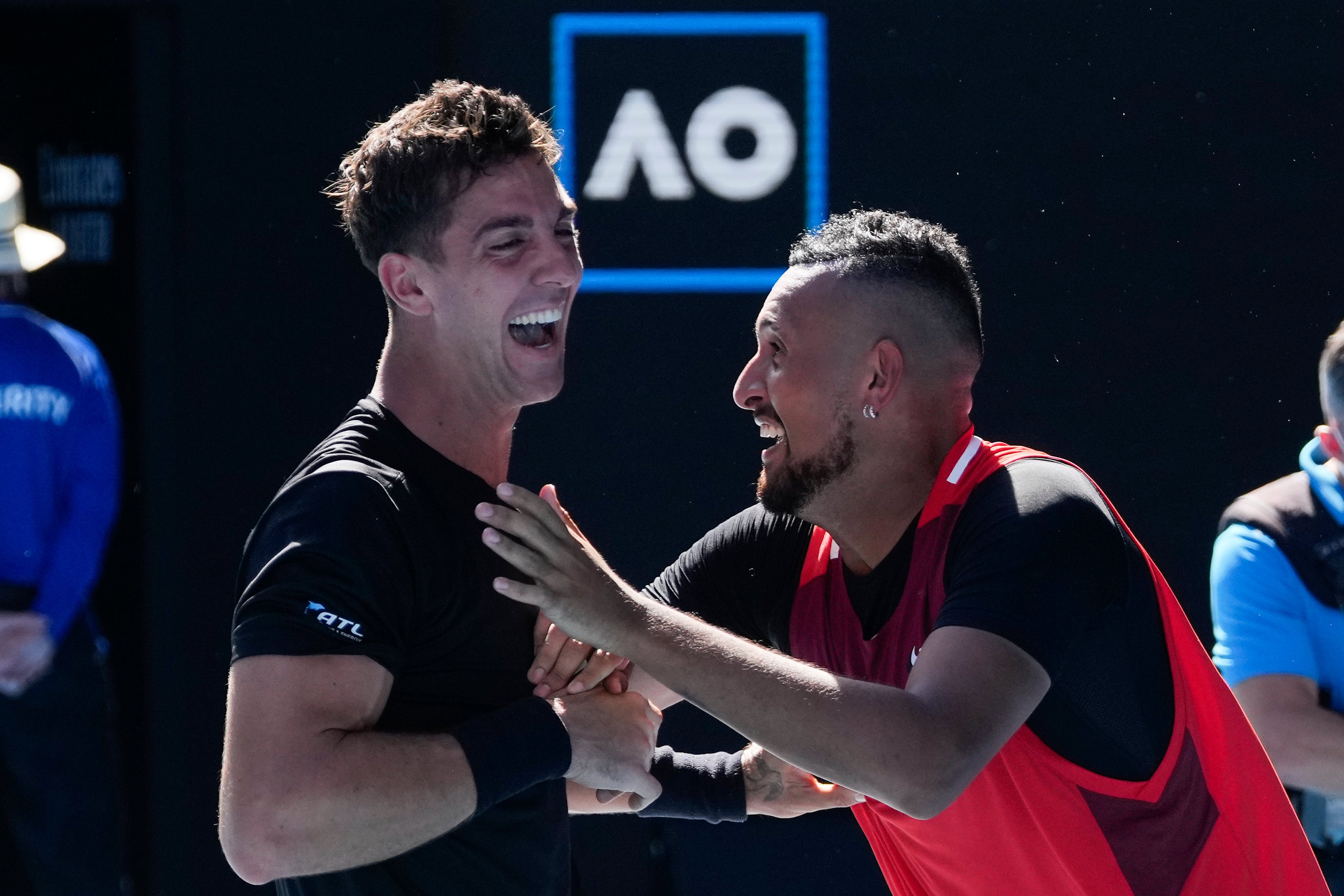 Nick Kyrgios, right, and Thanasi Kokkinakis celebrate their semi-final victory (Simon Baker/AP)