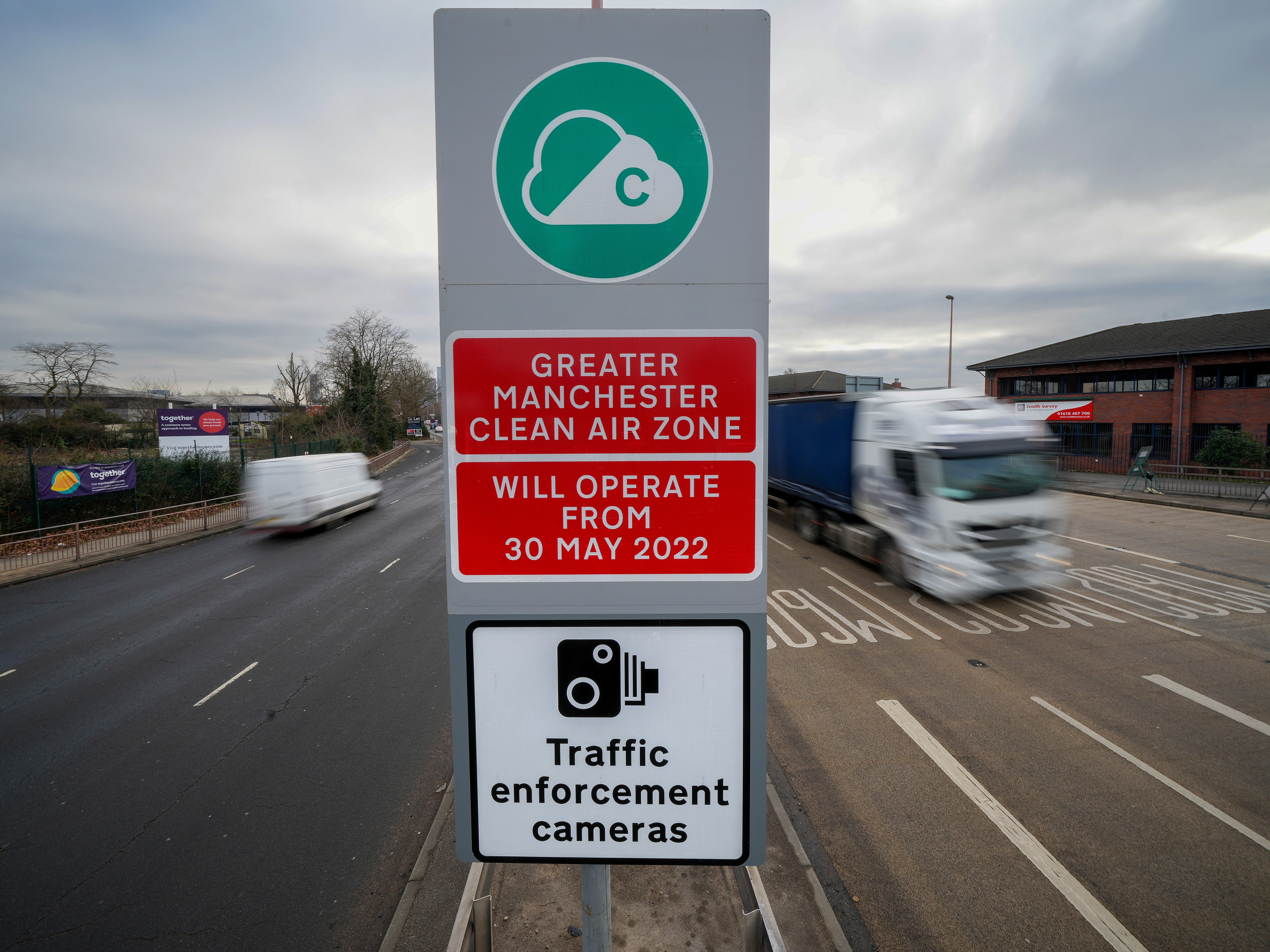 A Manchester clean air zone warning sign alerts drivers to the forthcoming CAZ regulations