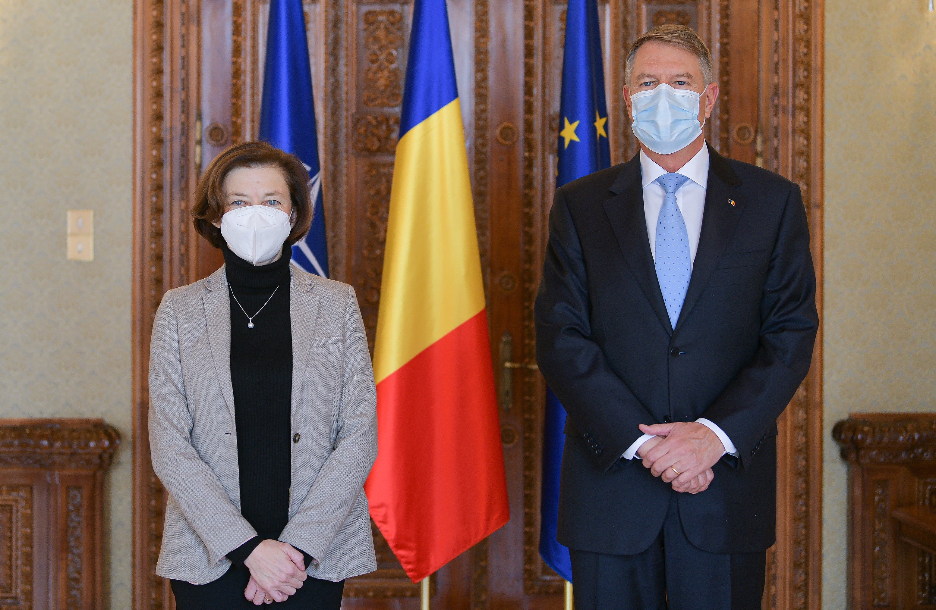 France’s armed forces minister Florence Parly (left) is welcomed by Romanian president Klaus Iohannis (right) in Bucharest