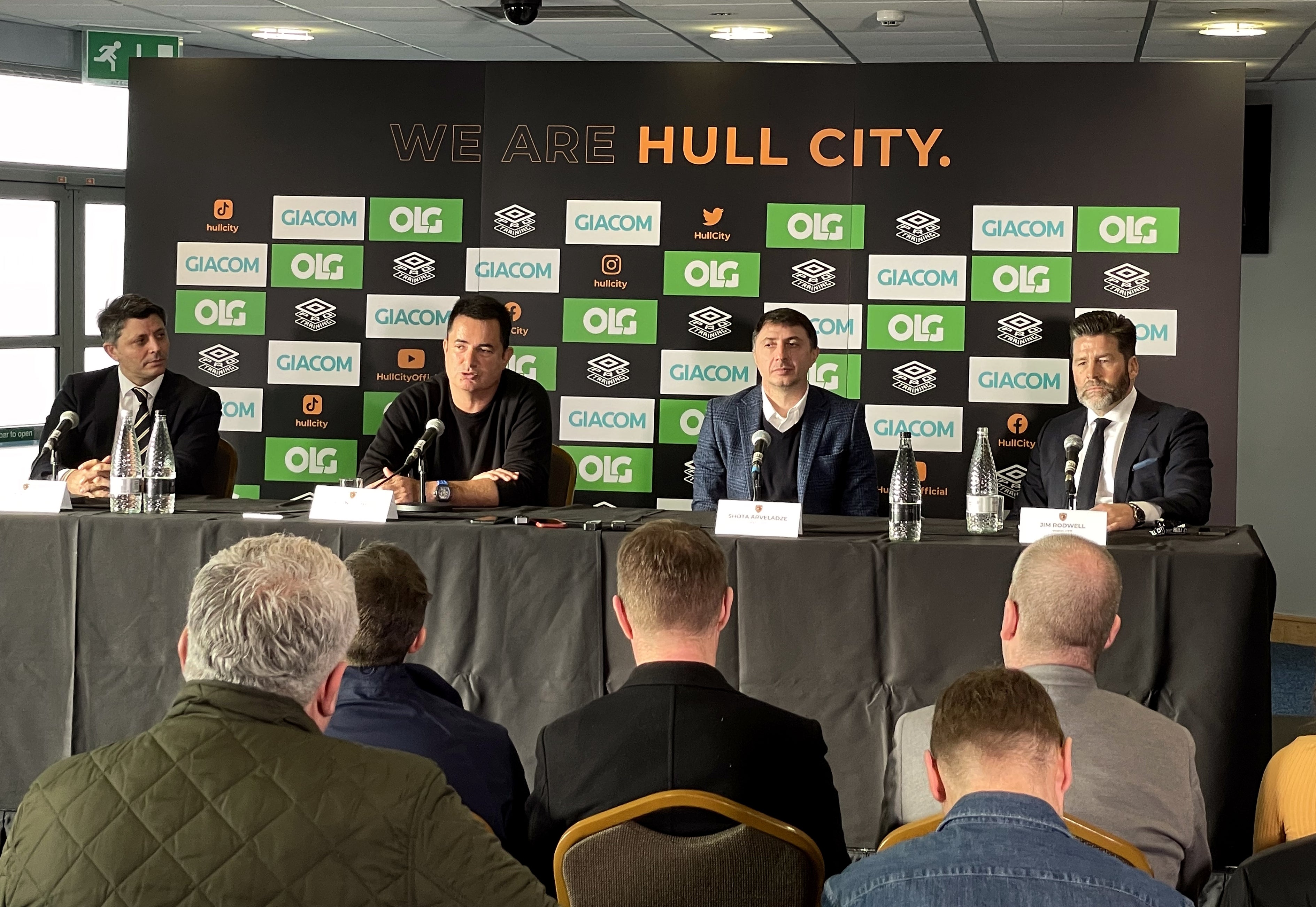 Hull vice-chairman Tan Kesler, chairman Acun Ilicali, head coach Shota Arveladze and interim chief executive Jim Rodwell (left-right) during Friday’s press conference (Simon Peach/PA)