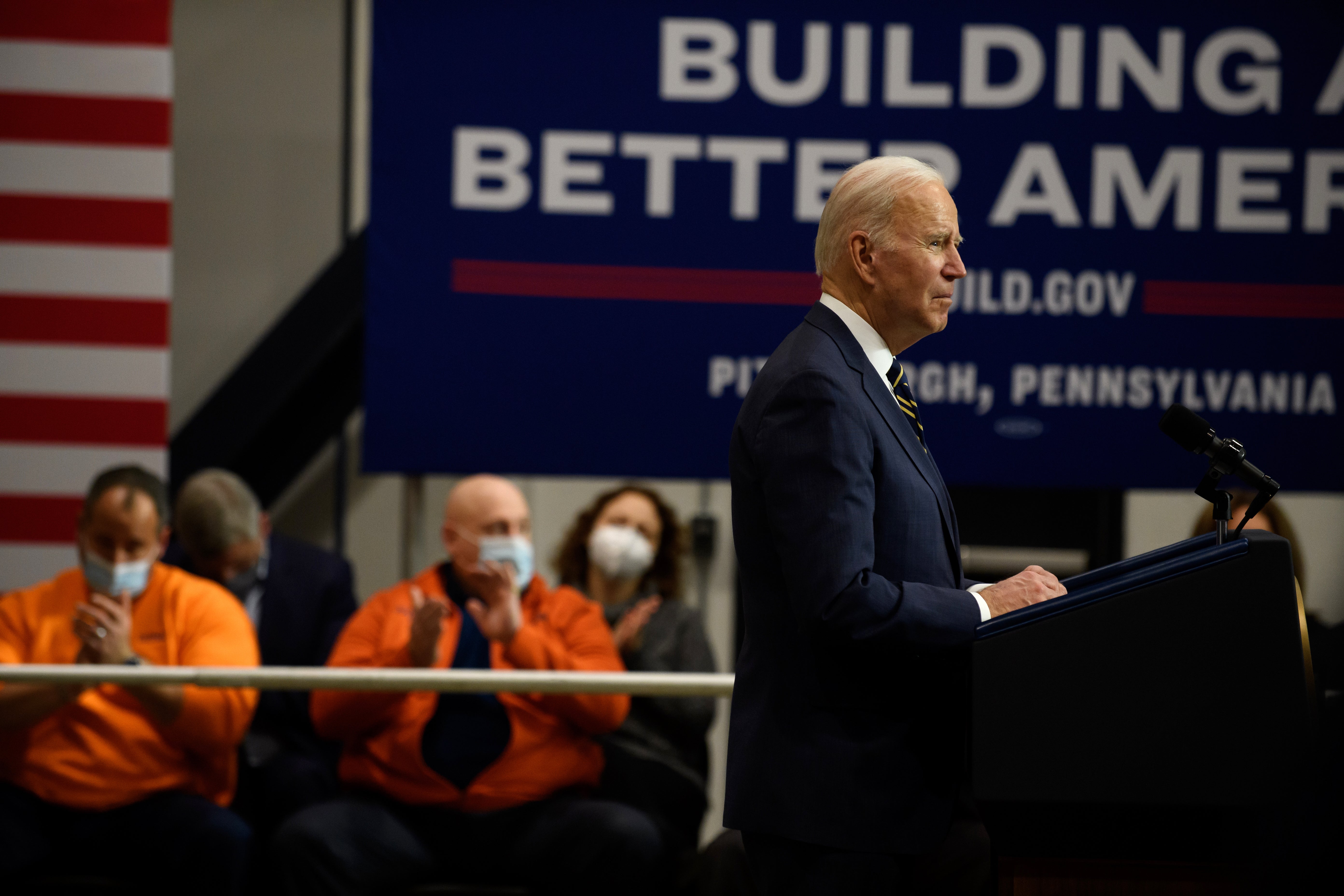 Joe Biden speaks at Mill 19, a former steel mill being developed into a robotics research facility, on the campus of Carnegie Mellon University