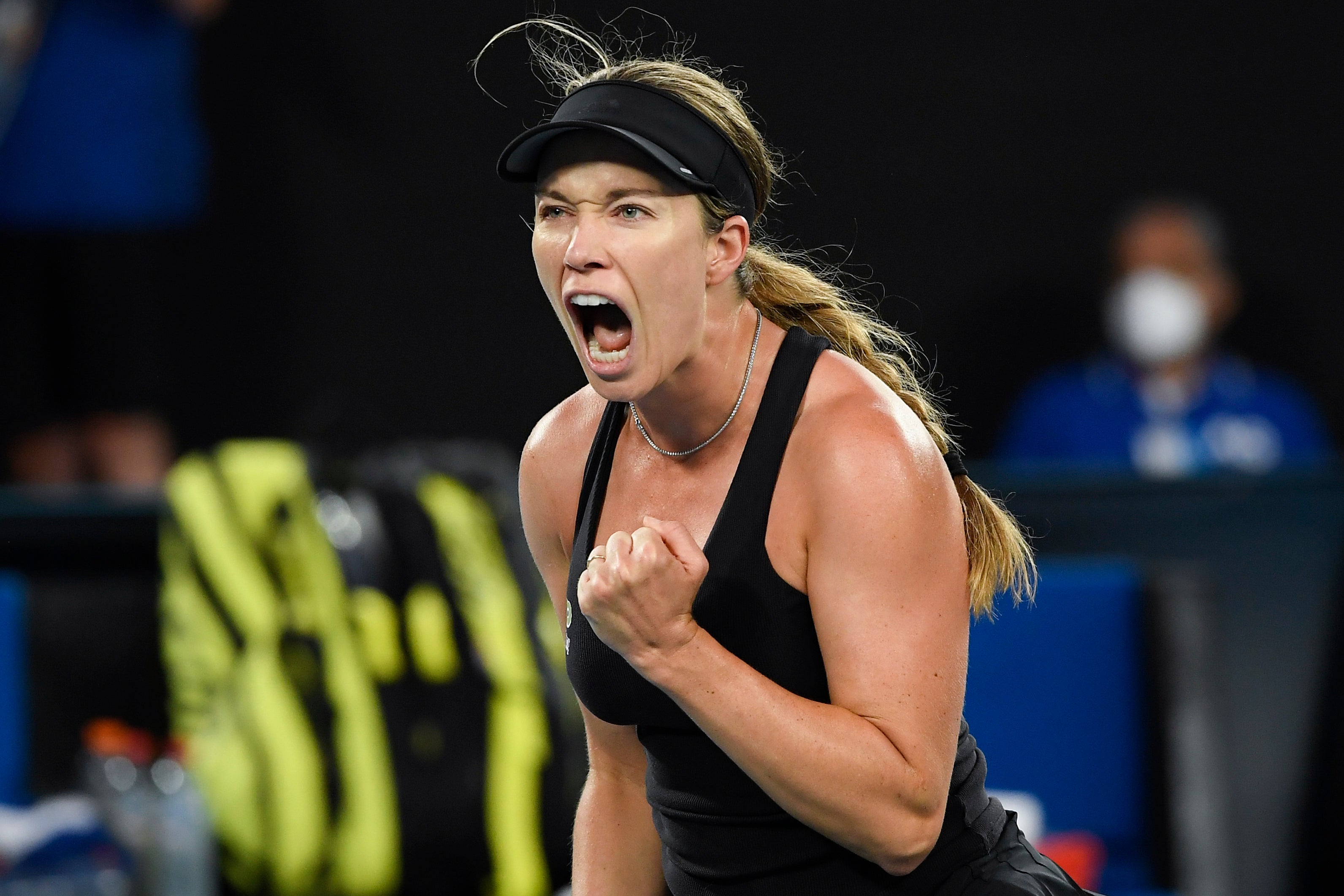 Danielle Collins celebrates an important point in the second set (Andy Brownbill/AP)