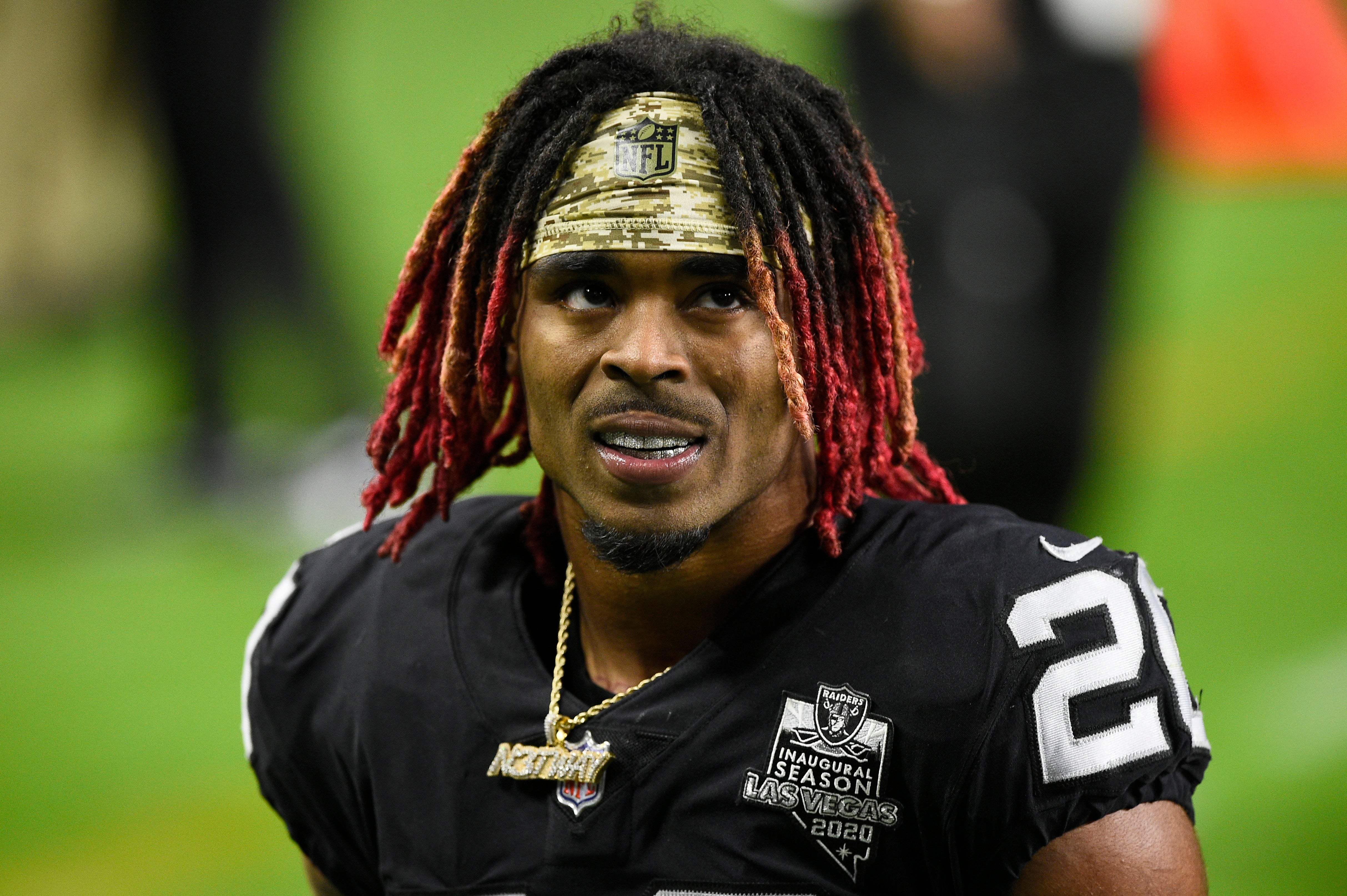 Cornerback Damon Arnette #20 of the Las Vegas Raiders walks off the field after a game against the Denver Broncos at Allegiant Stadium on November 15, 2020 in Las Vegas, Nevada