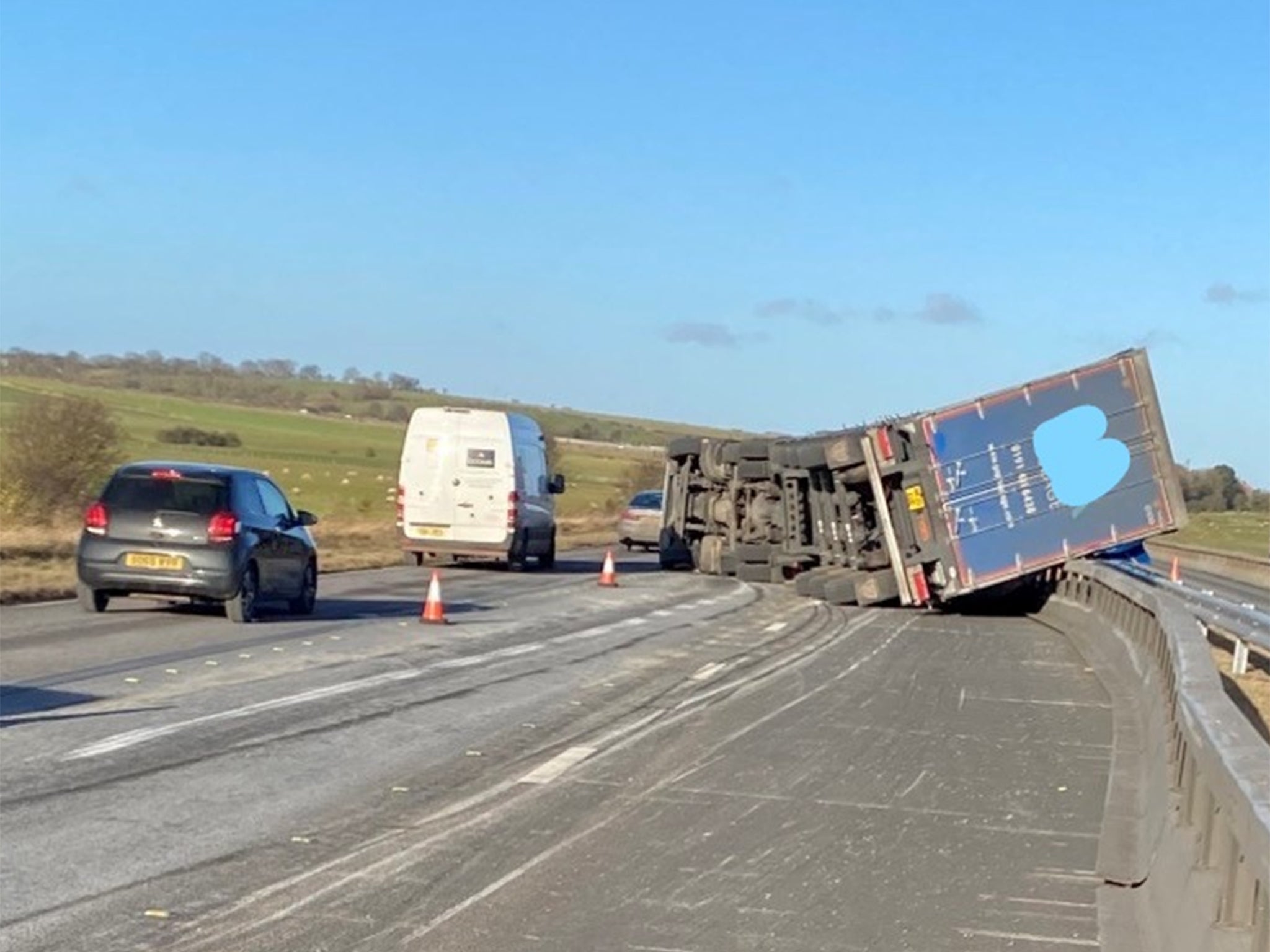 Overturned lorry on the A1 near Hartlepool