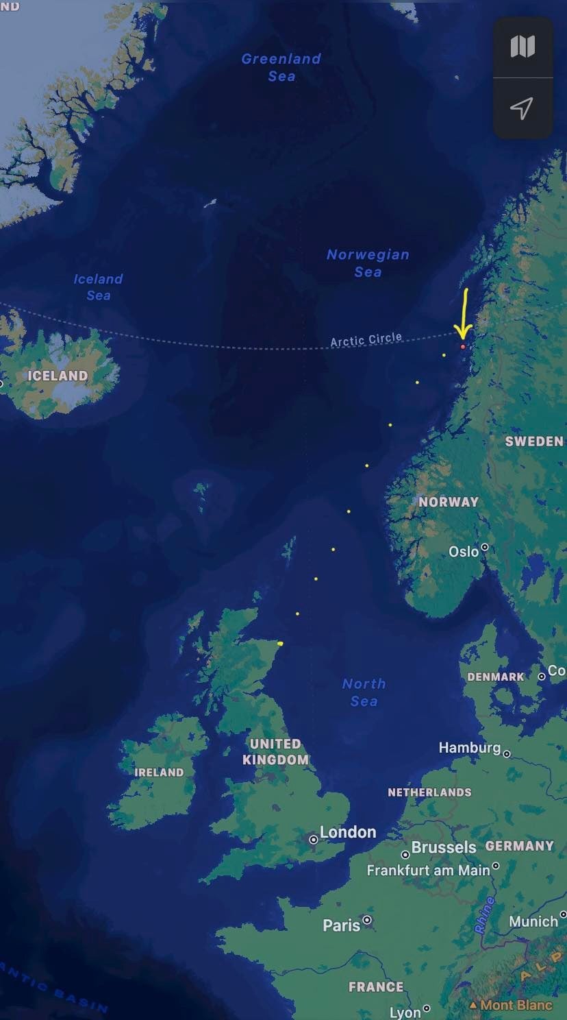 A screenshot, provided by Joanna, with a dotted line showing her guess at the route her message in a bottle took from Peterhead, Scotland, to Gåsvær, Norway.