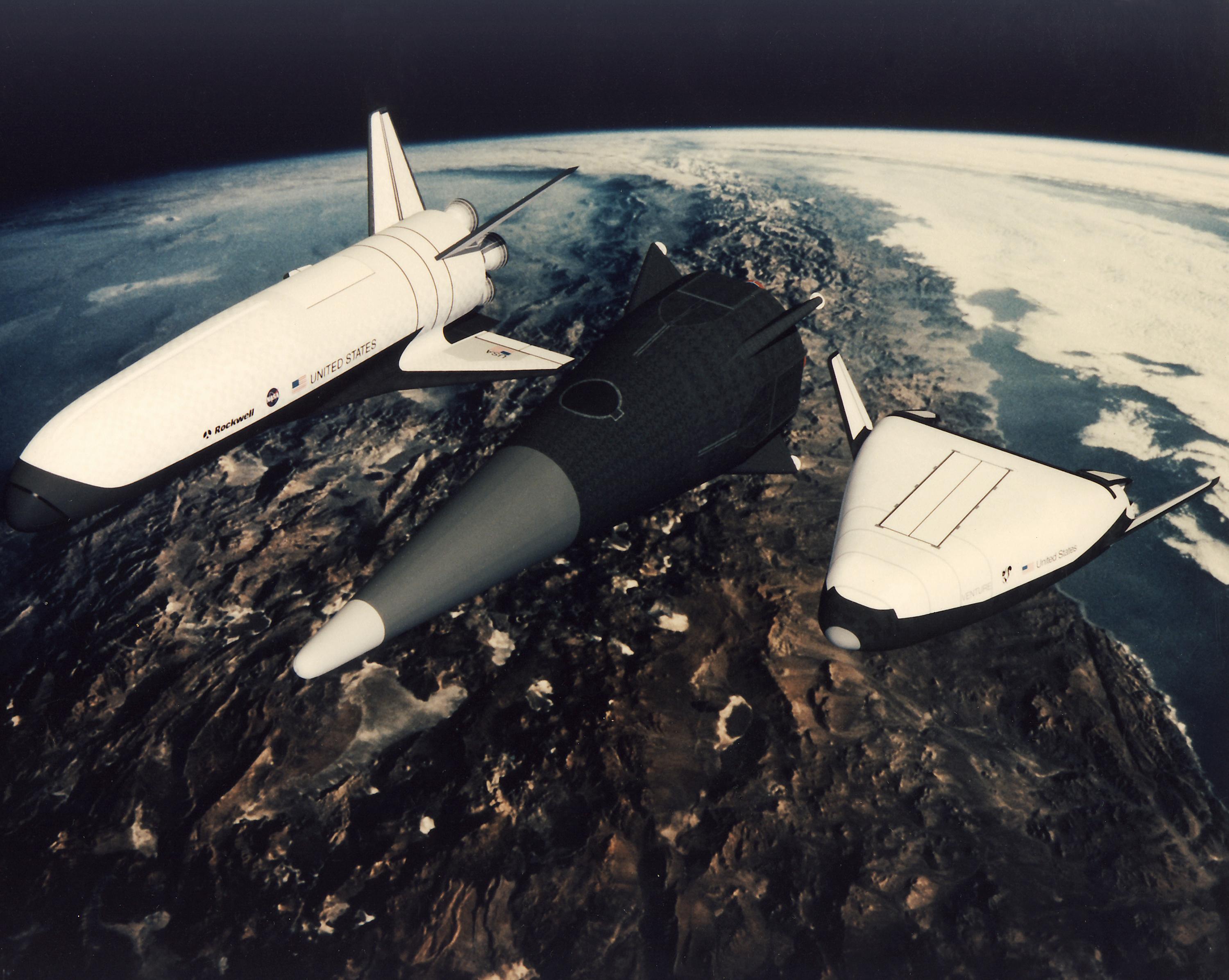 Artist's rendering depicts the three designs submitted for the X-33 proposal for a technology demonstrator of a Single-Stage-To-Orbit (SSTO) Reusable Launch Vehicle (RLV)