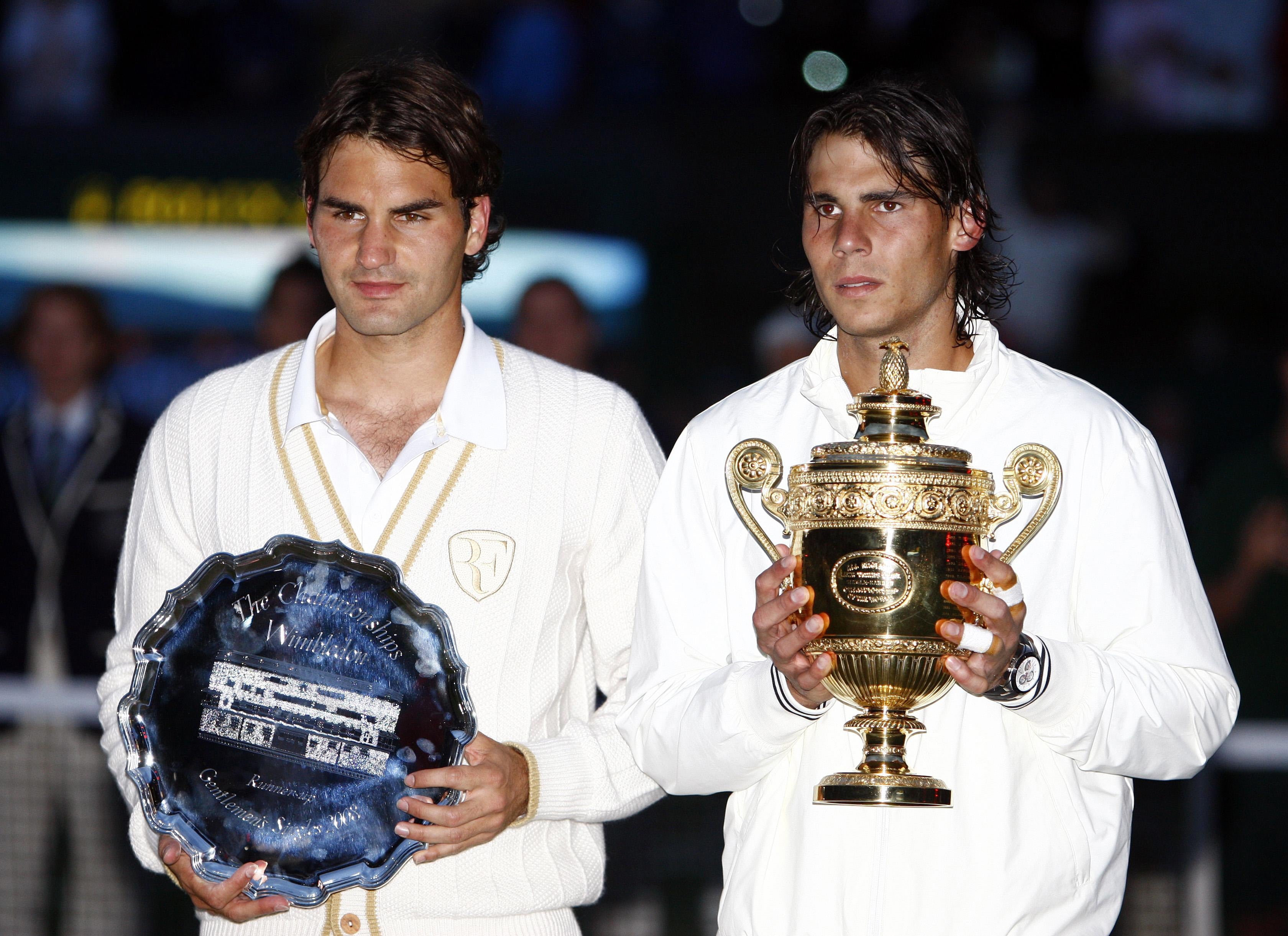 Rafael Nadal (right) with the Wimbledon trophy after his famous 2008 victory over Roger Federer (Sean Dempsey/PA)