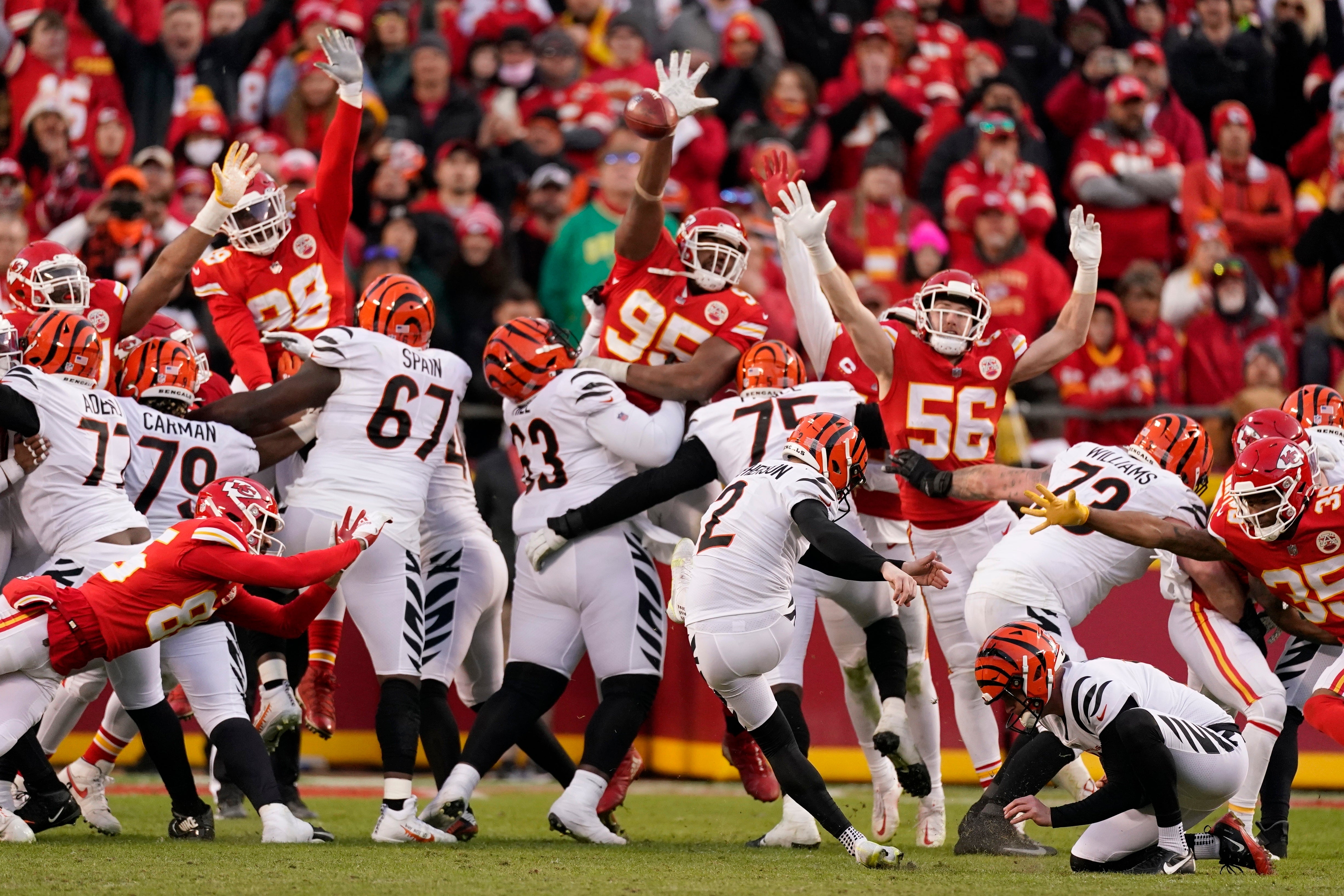 Cincinnati Bengals kicker Evan McPherson (2) kicks a 31-yard field goal during overtime in the AFC championship game against the Kansas City Chiefs (Charlie Riedel/AP)