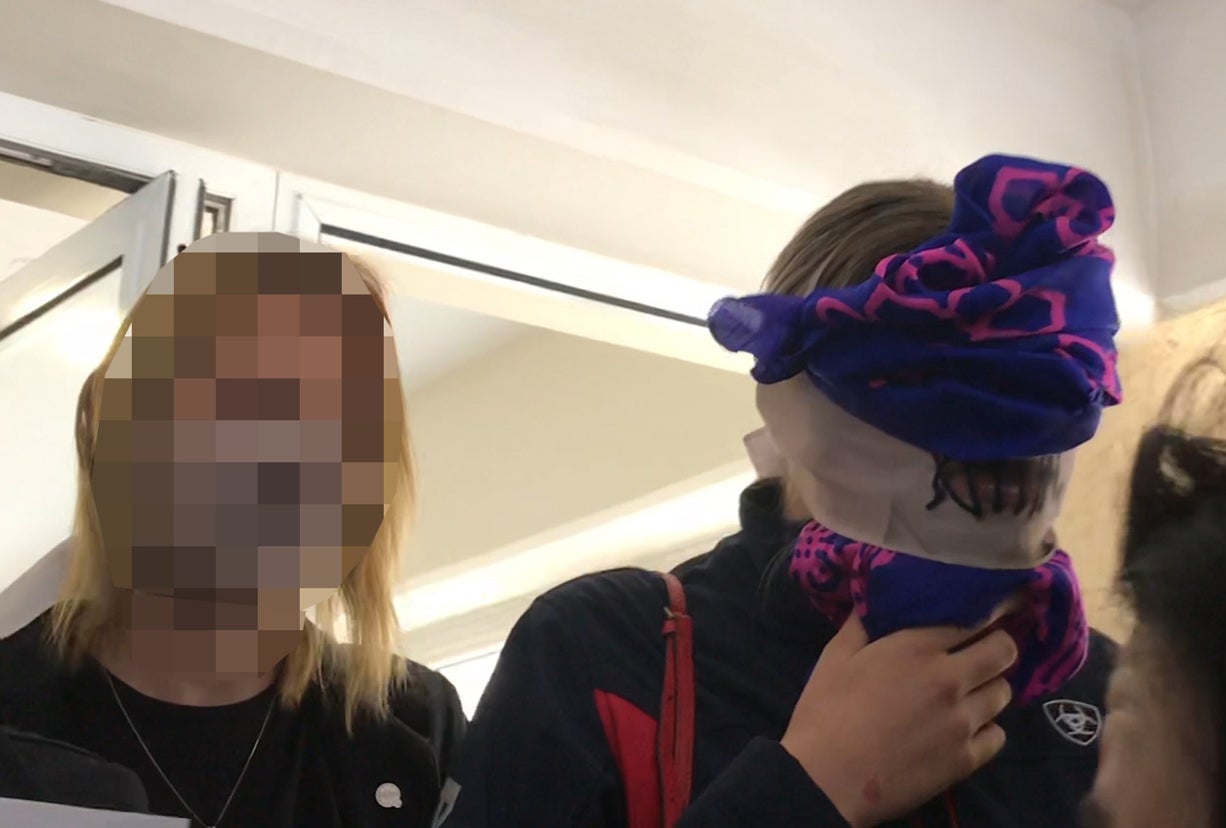 Screengrab taken from video of a British teenager, who cannot be named, and her mother (left) leaving Famagusta District Court during an earlier hearing (PA)