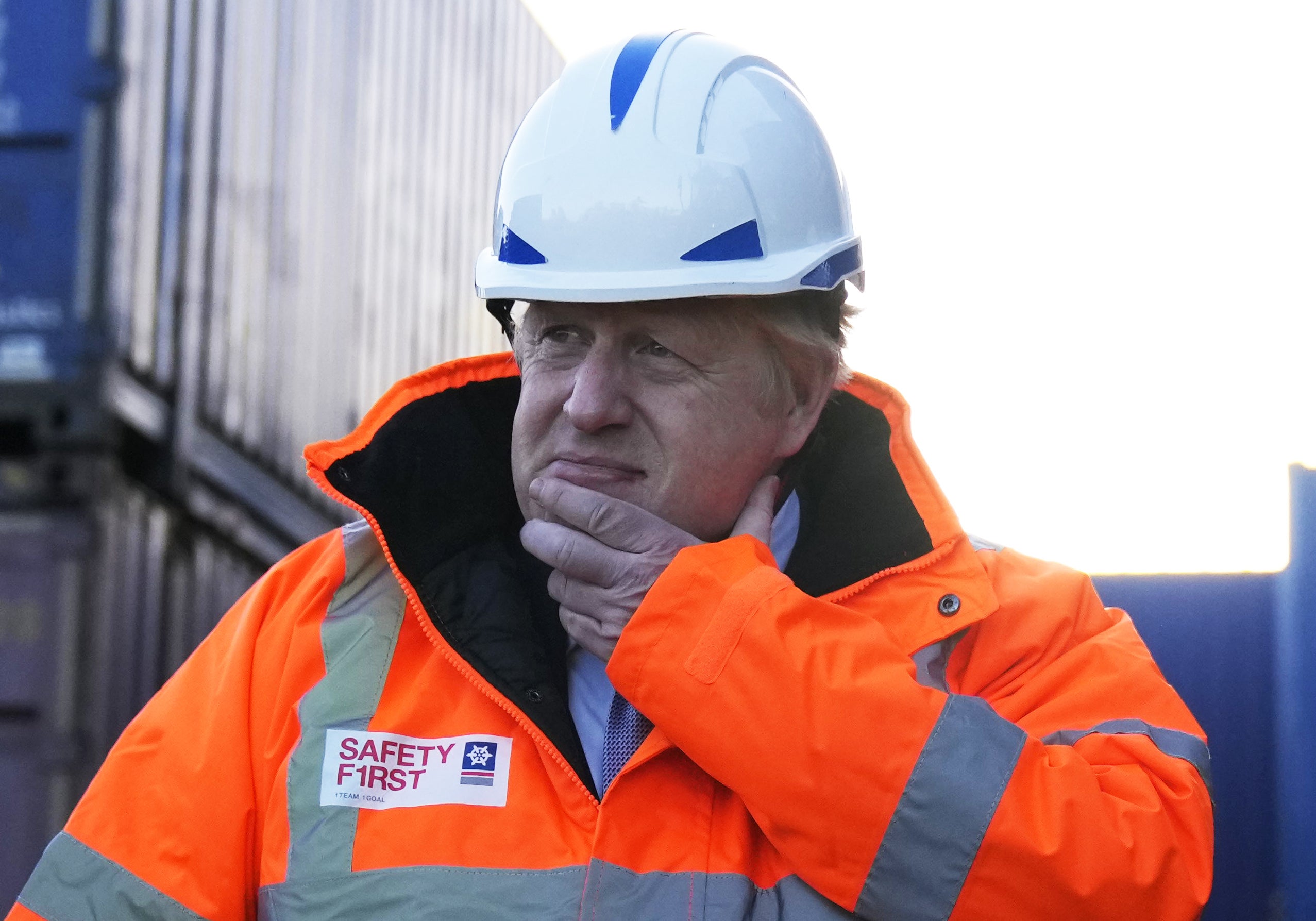 Prime Minister Boris Johnson drives a forklift as he visits the Tilbury Docks (Matt Dunham/PA)