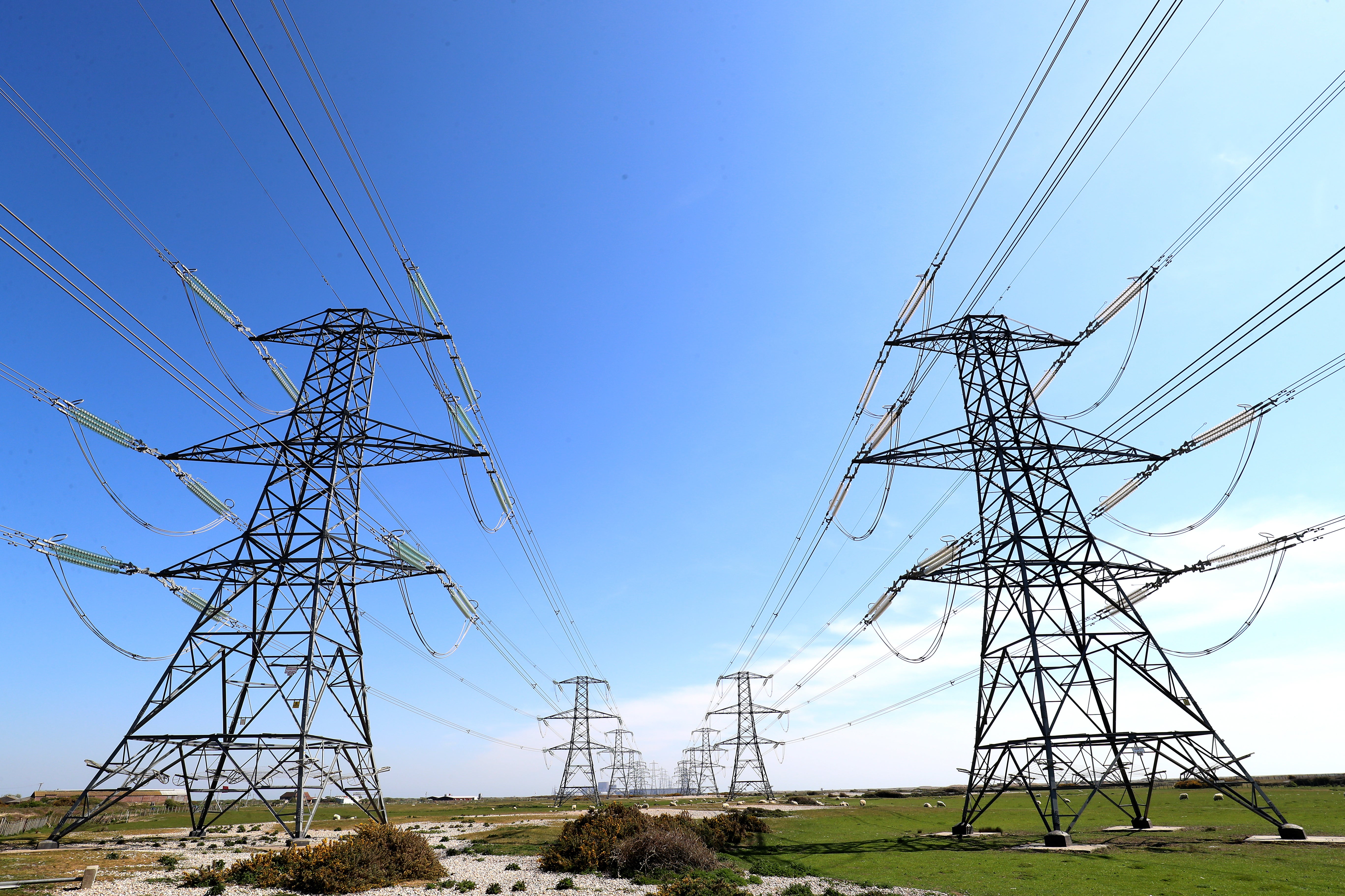 Electricity pylons carry power away from Dungeness nuclear power station in Kent (Gareth Fuller/PA)